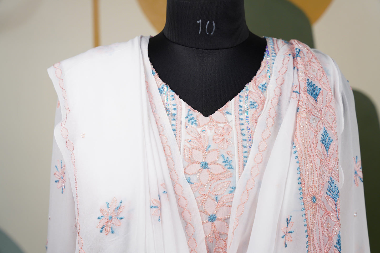Peach and blue Chikankari Dress-A Pure Georgette