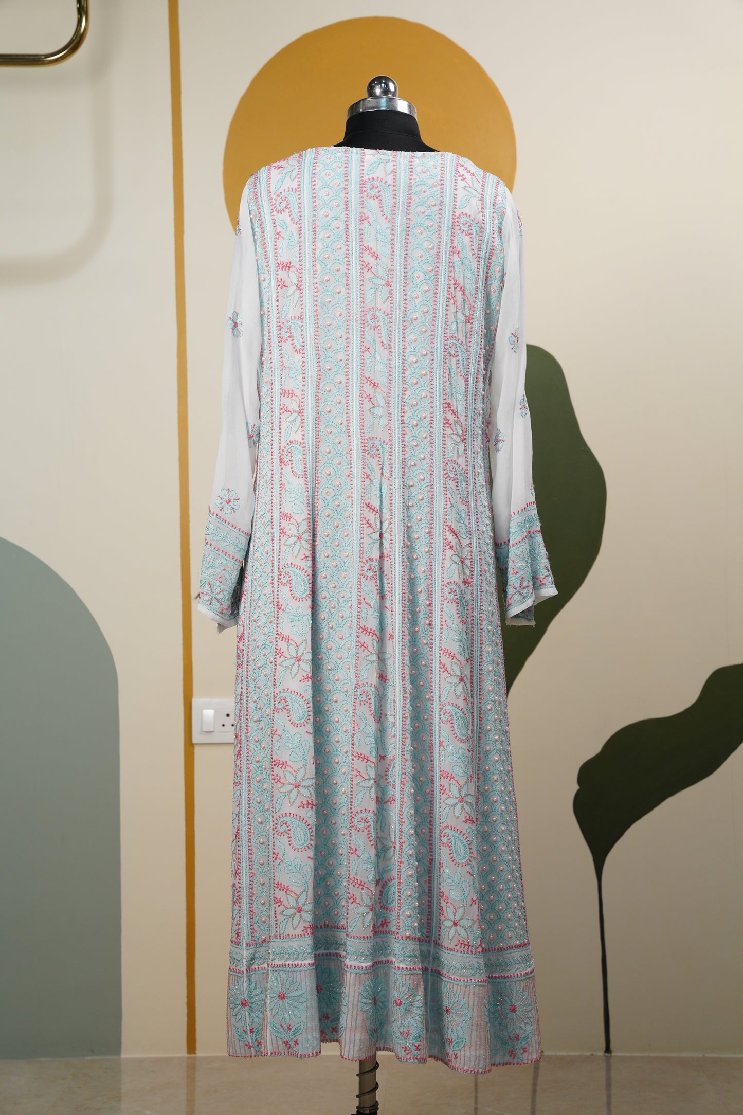 Pink and Teal Blue Chikankari Dress-A Pure Georgette