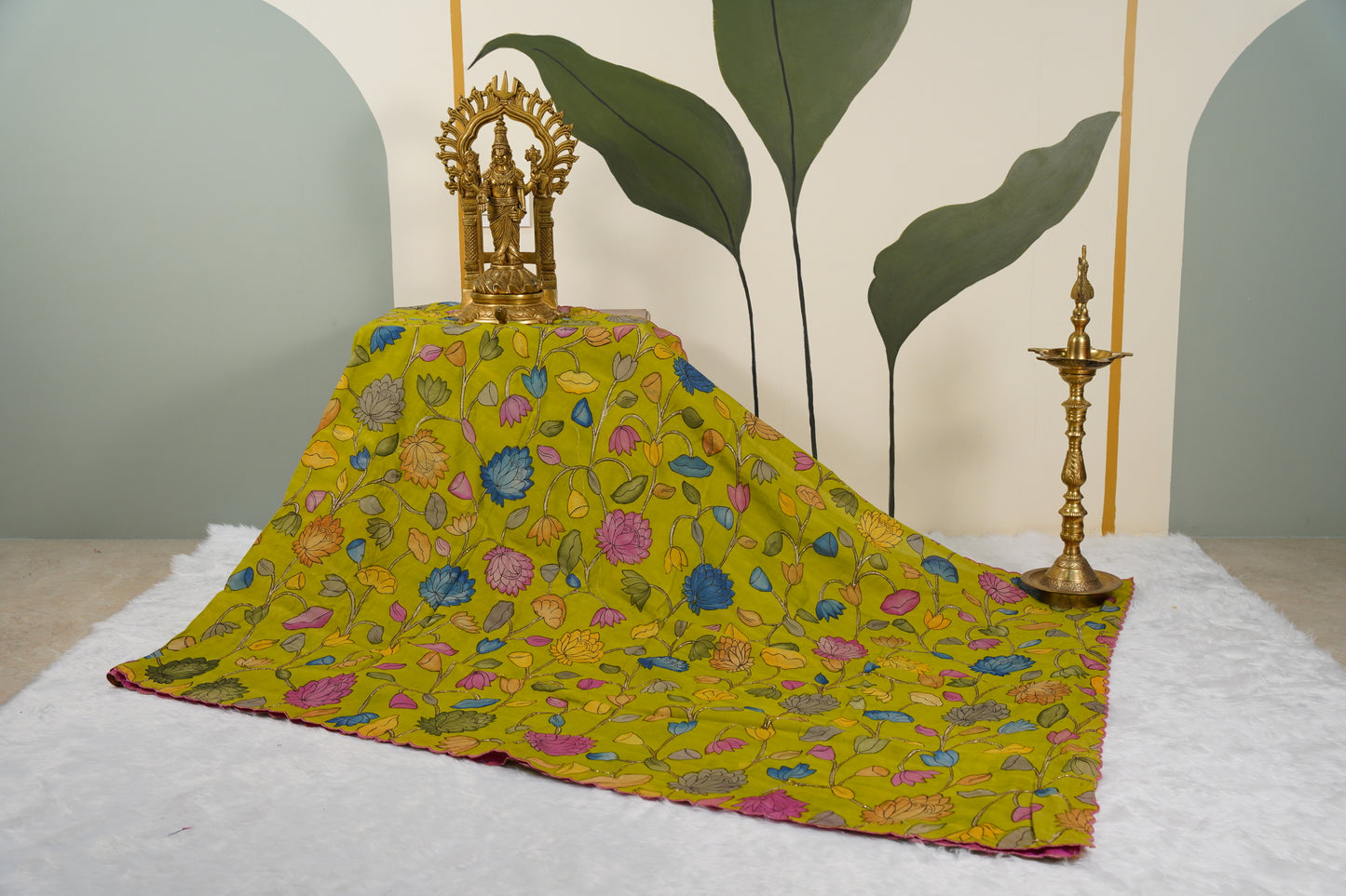 Kalamkari Silk Olive Green Saree