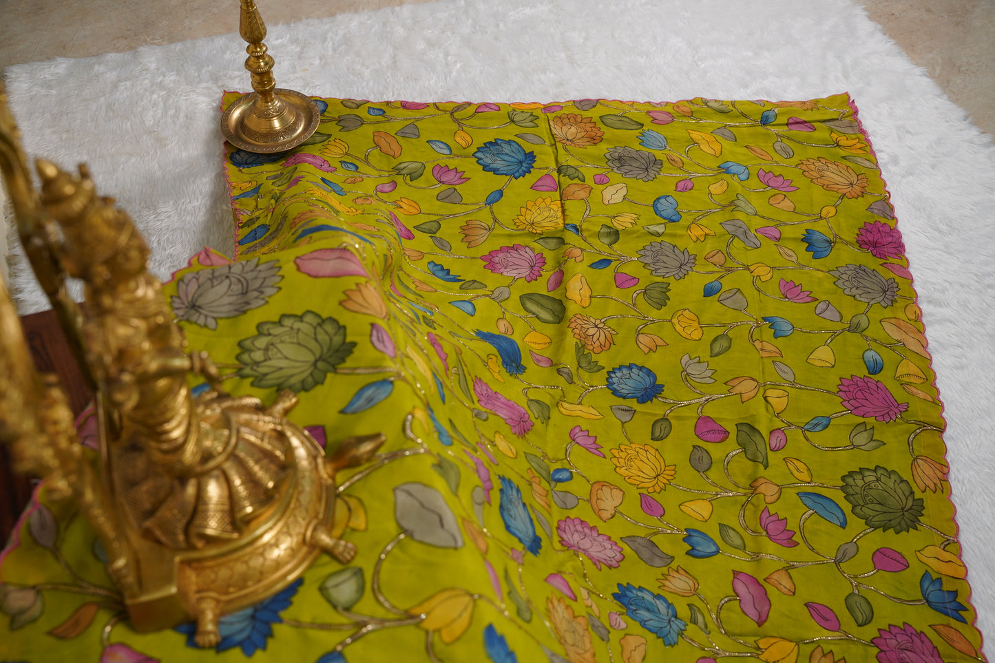 Kalamkari Silk Olive Green Saree
