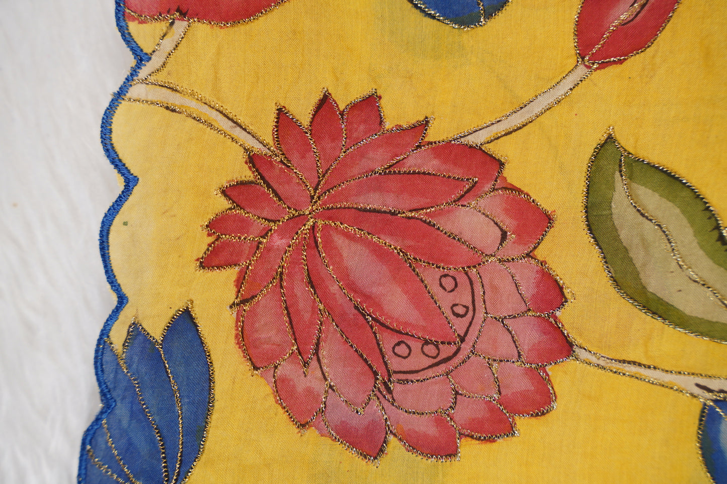 Yellow Floral Kalamkaari with pink Blouse with aari work