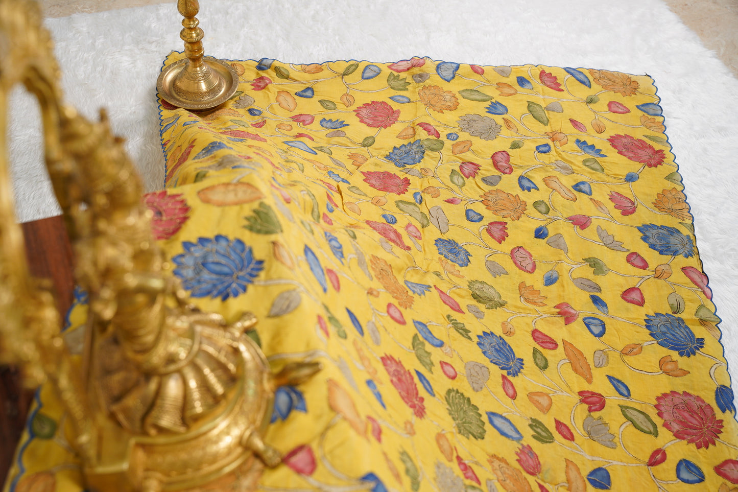 Yellow Floral Kalamkaari with pink Blouse with aari work