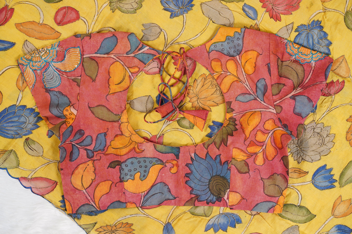 Yellow Floral Kalamkaari with pink Blouse with aari work
