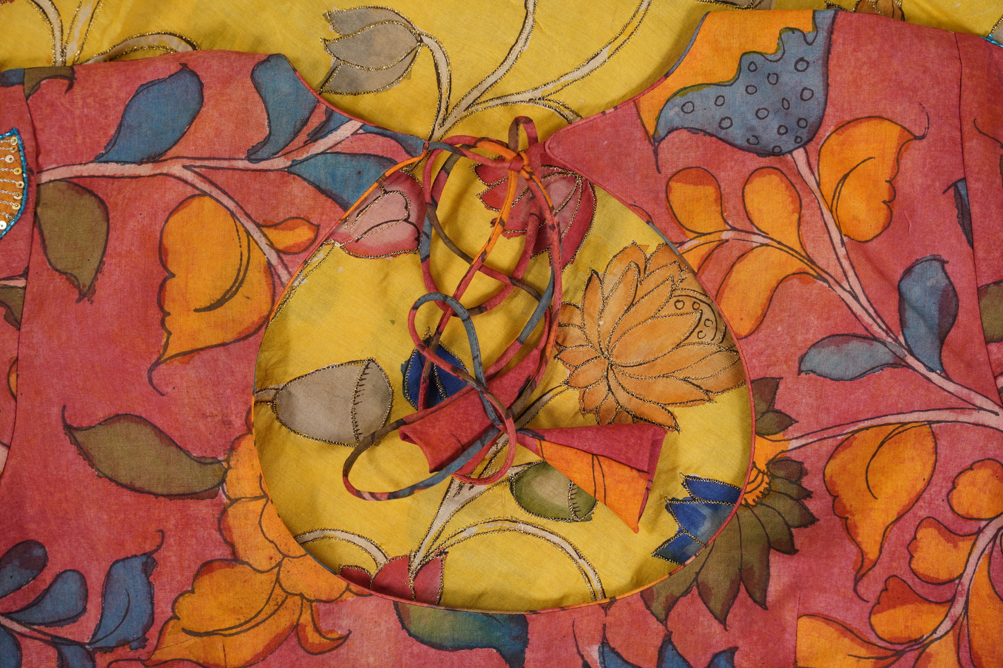 Yellow Floral Kalamkaari with pink Blouse with aari work