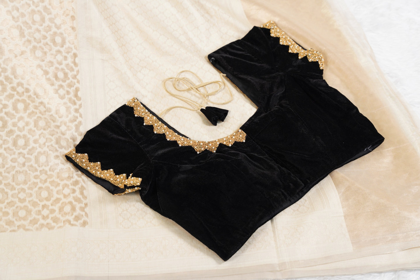 Cream Banarasi with contrast back velvet blouse
