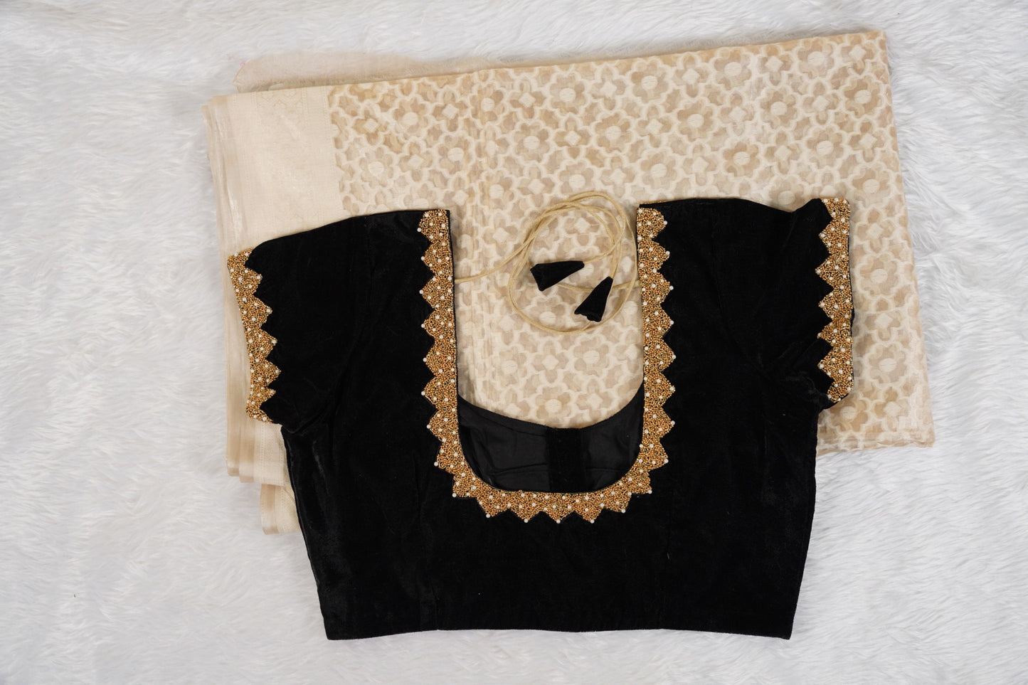 Cream Banarasi with contrast back velvet blouse