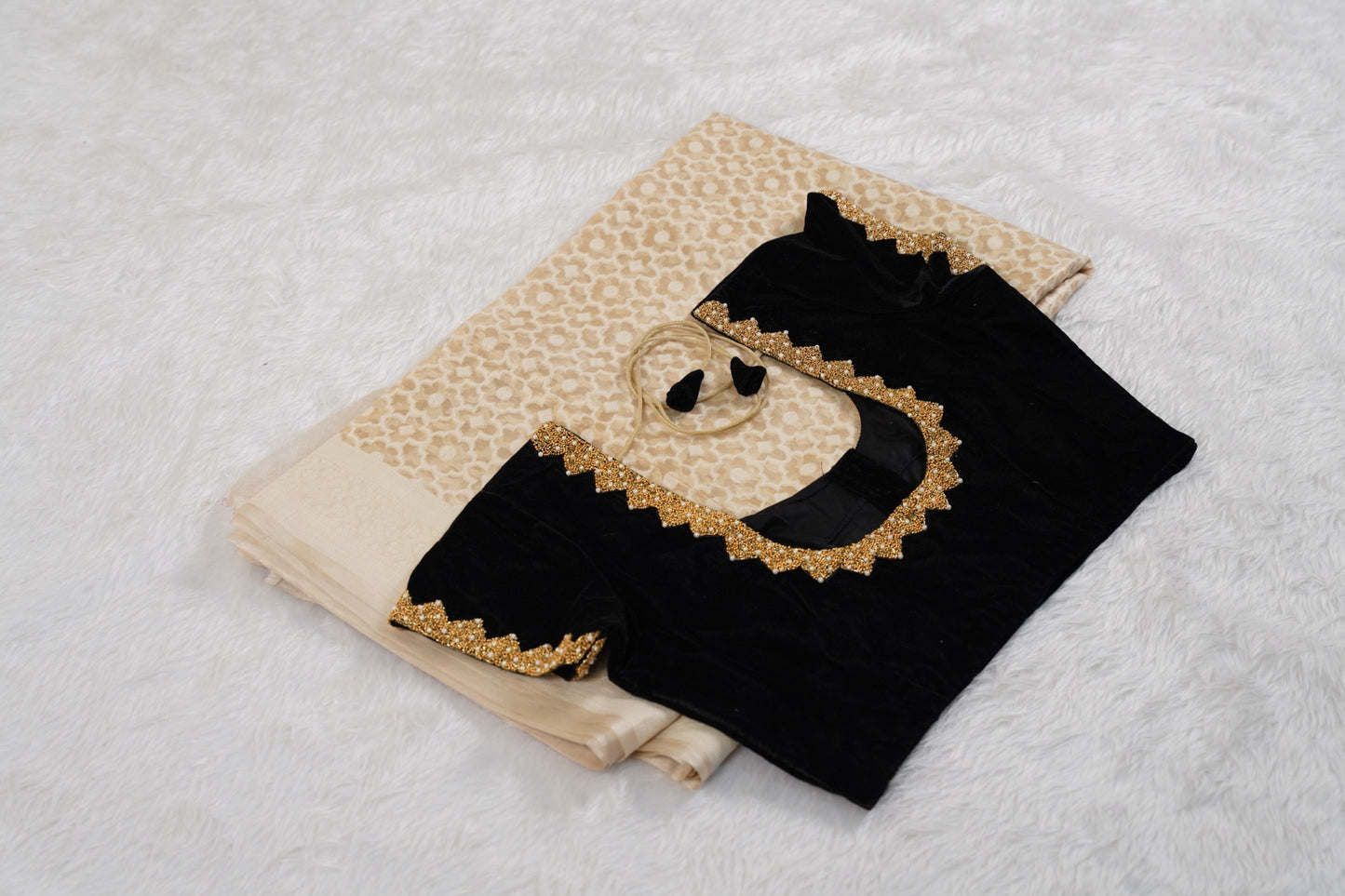 Cream Banarasi with contrast back velvet blouse