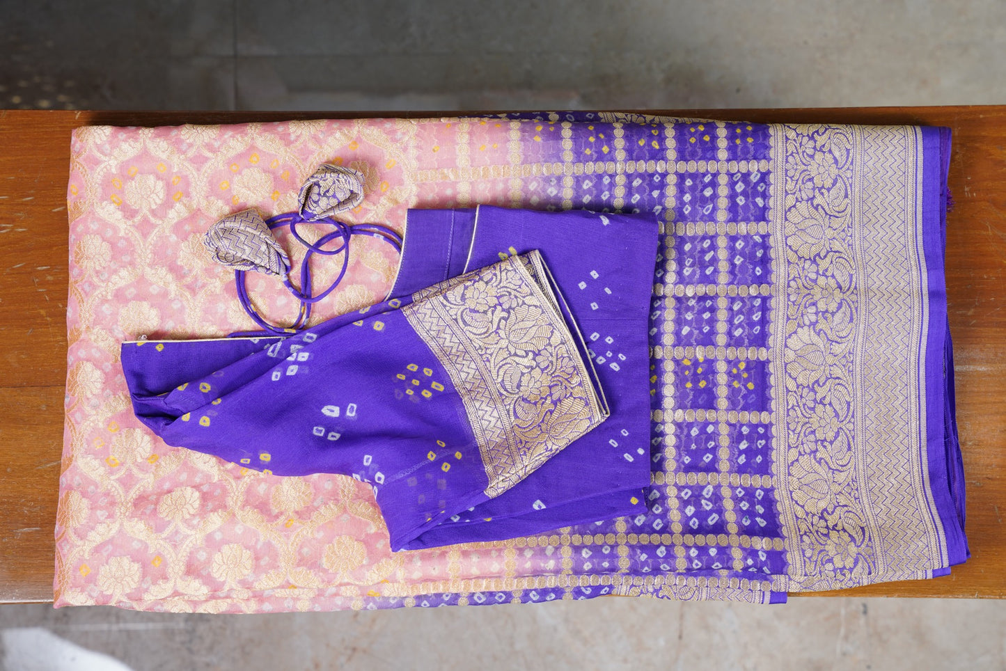 Purple Peach Bandhani Banaras Georgette Saree