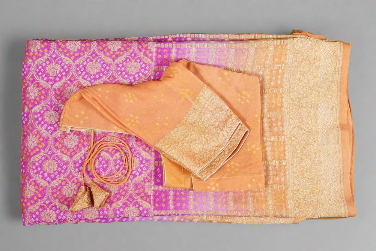 Pink Yellow Bandhani Banaras Georgette Saree