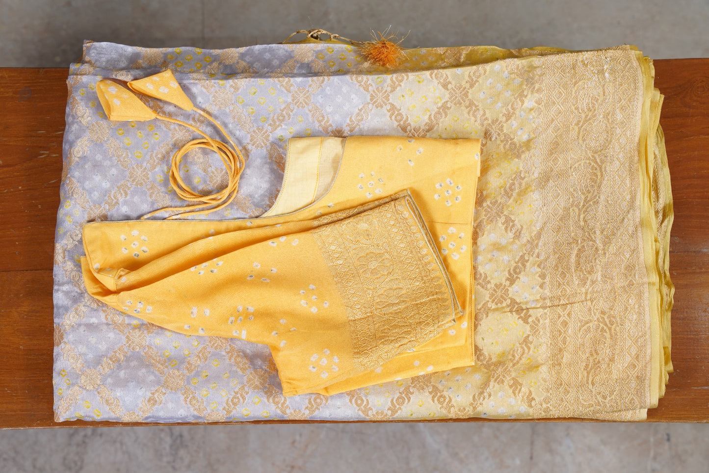 Yellow Grey Bandhani Banaras Georgette Saree