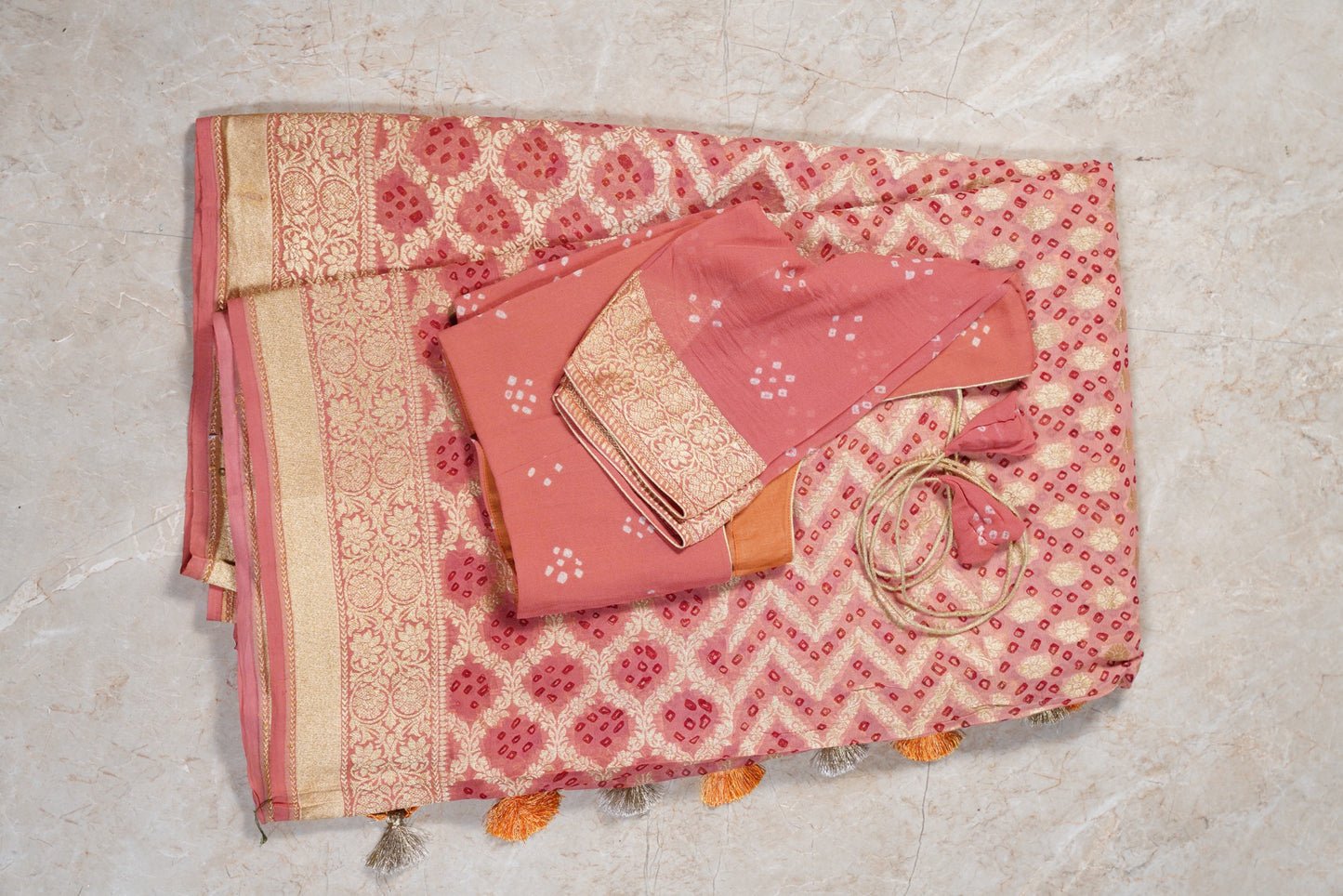 Peach Bandhani Banaras Georgette Saree