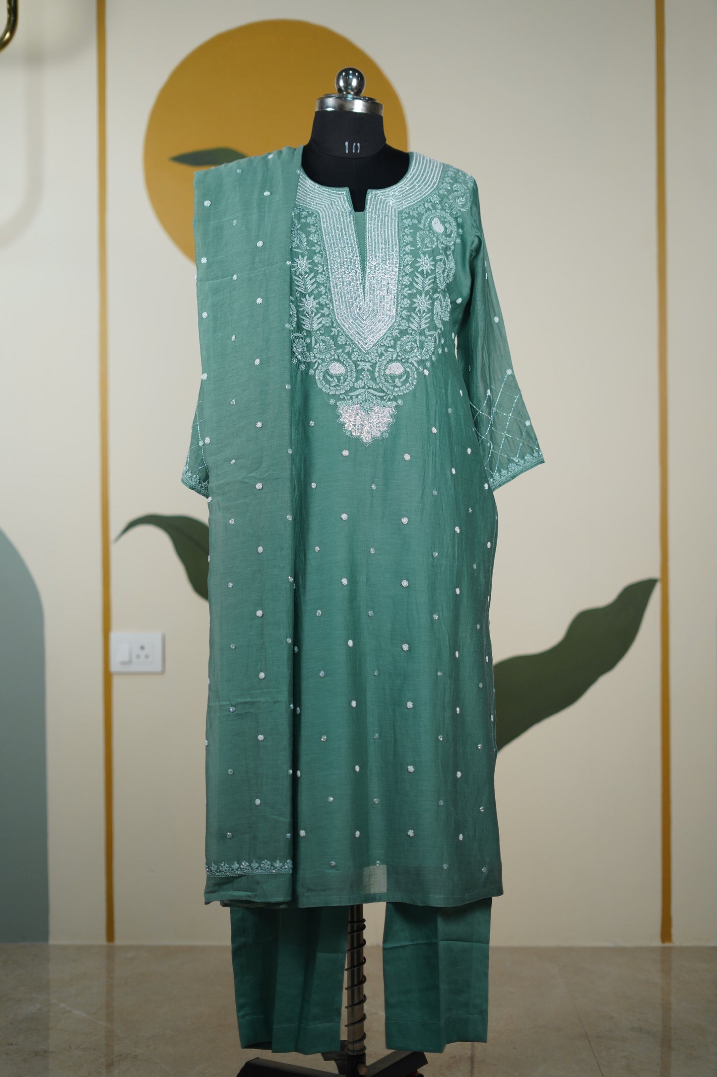 Sea Green Cutdana straight Kurta set Dress