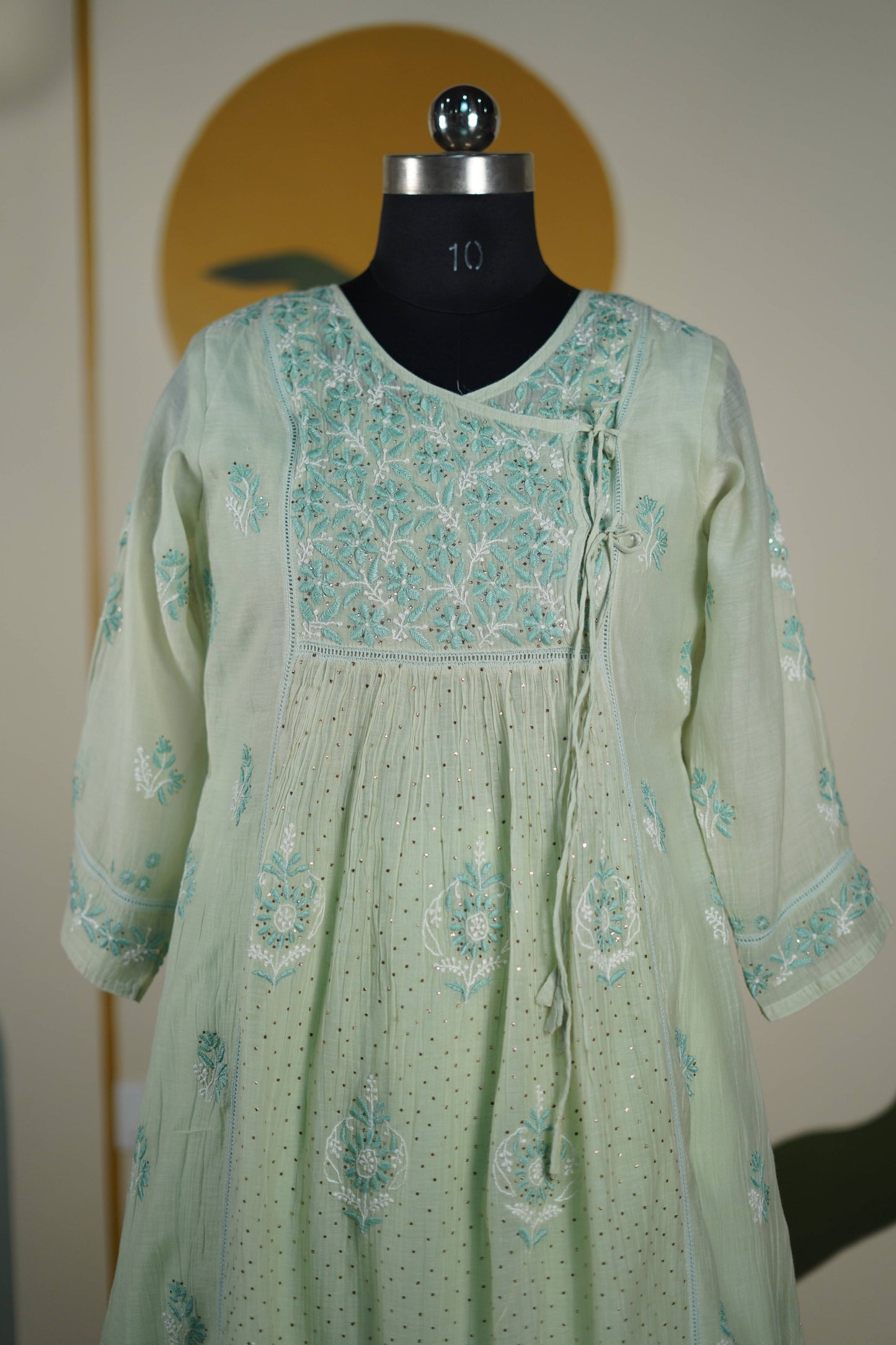 Pista Green Frock style chanderi mul cotton Dress