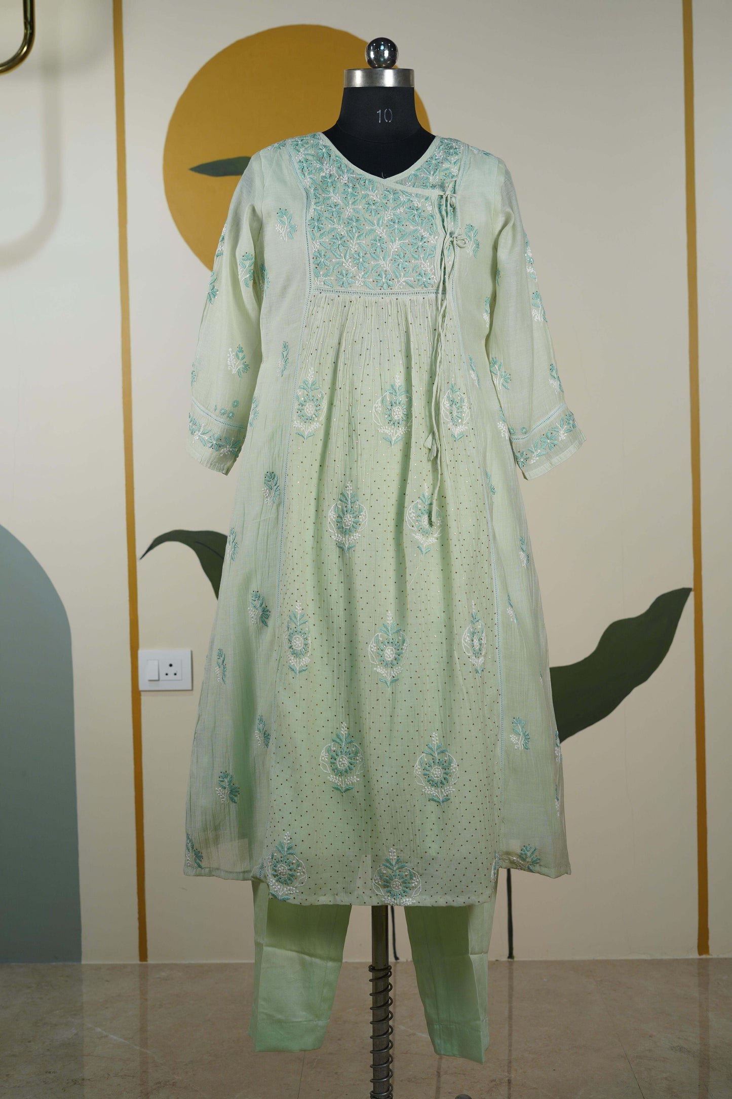 Pista Green Frock style chanderi mul cotton Dress
