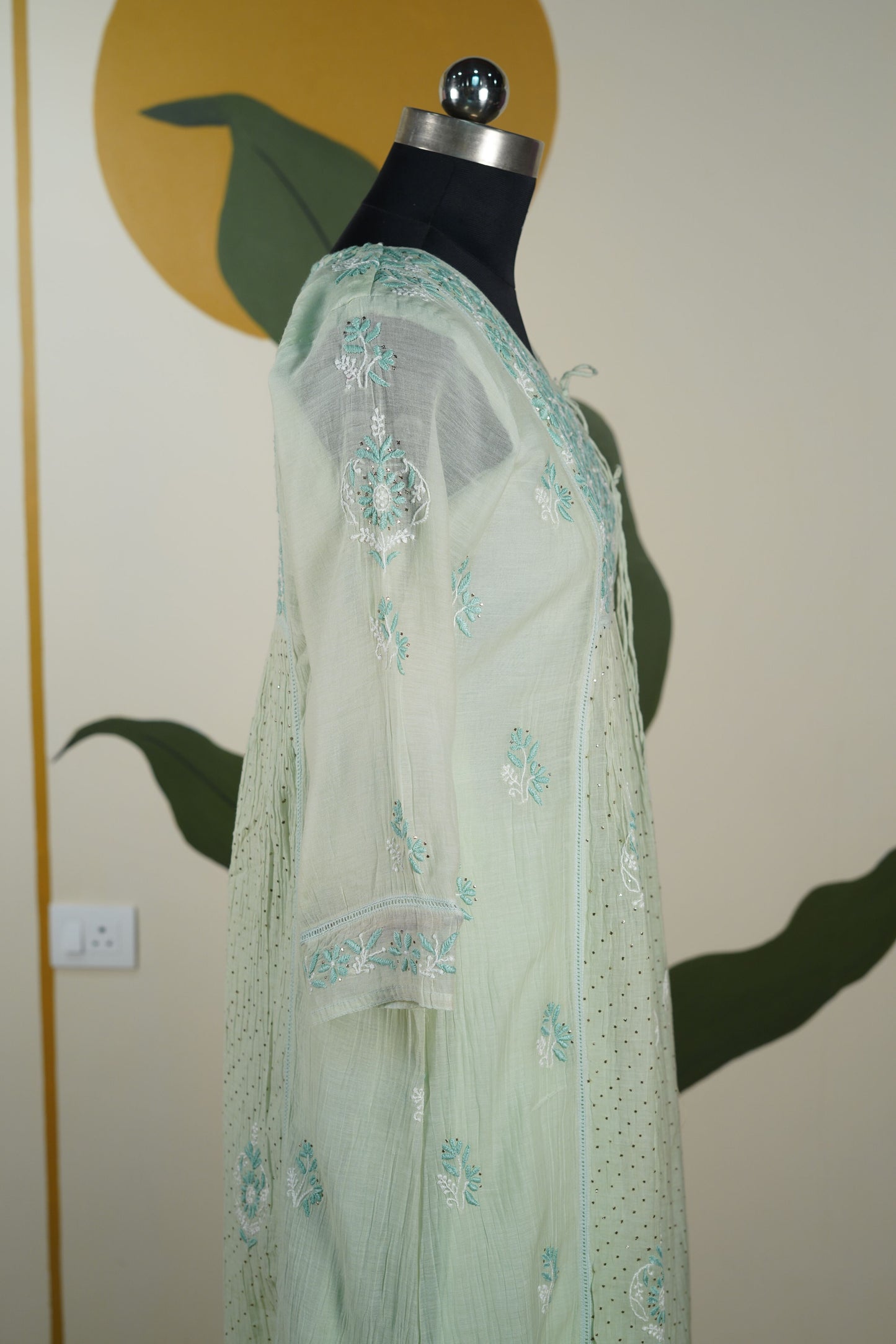Pista Green Frock style chanderi mul cotton Dress