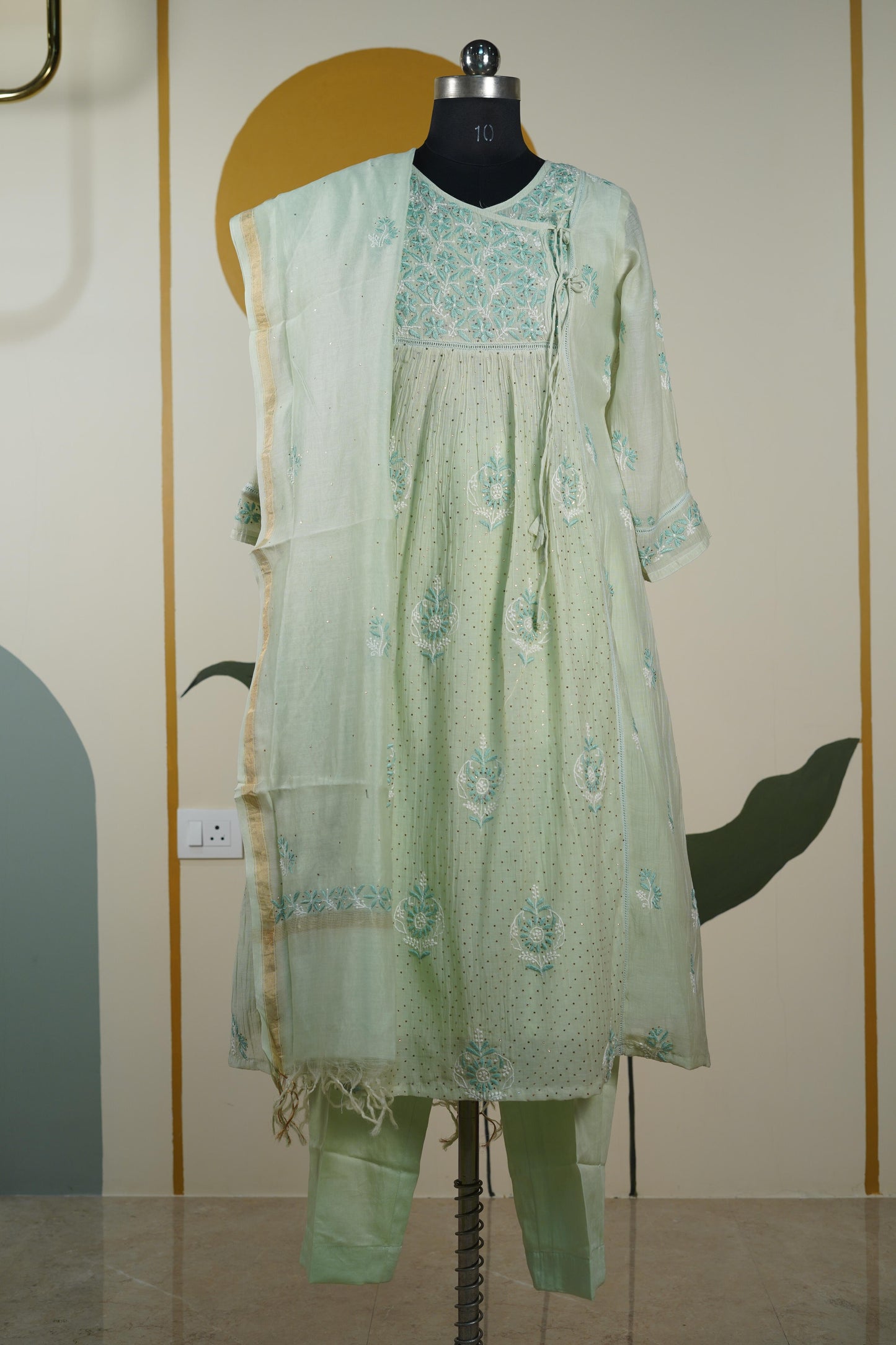 Pista Green Frock style chanderi mul cotton Dress