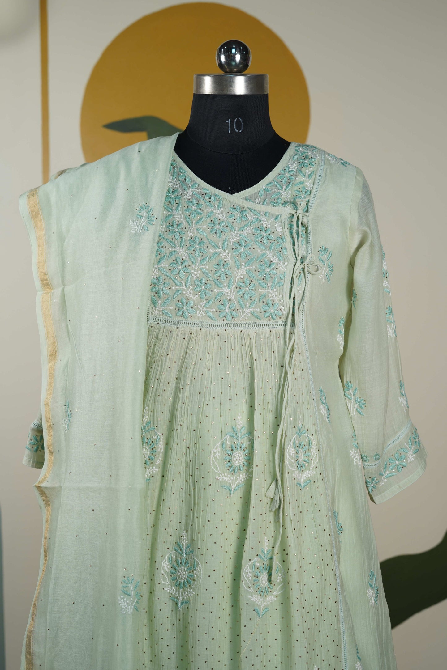 Pista Green Frock style chanderi mul cotton Dress