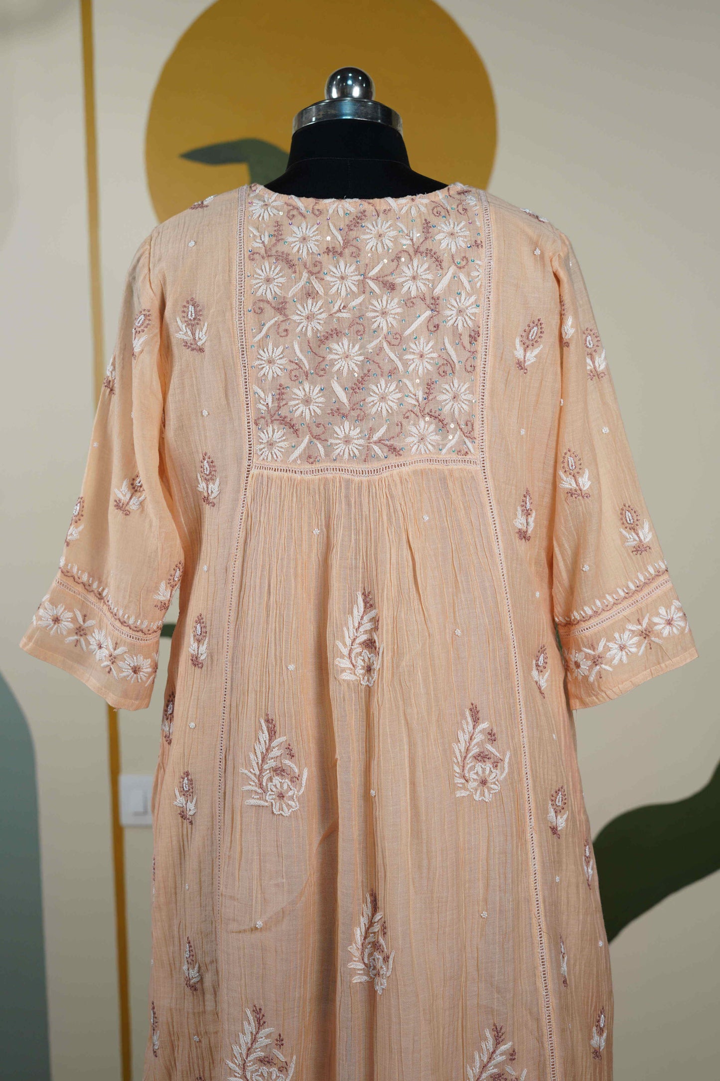 Peach wih brown thread work Frock style chanderi mul cotton Dress