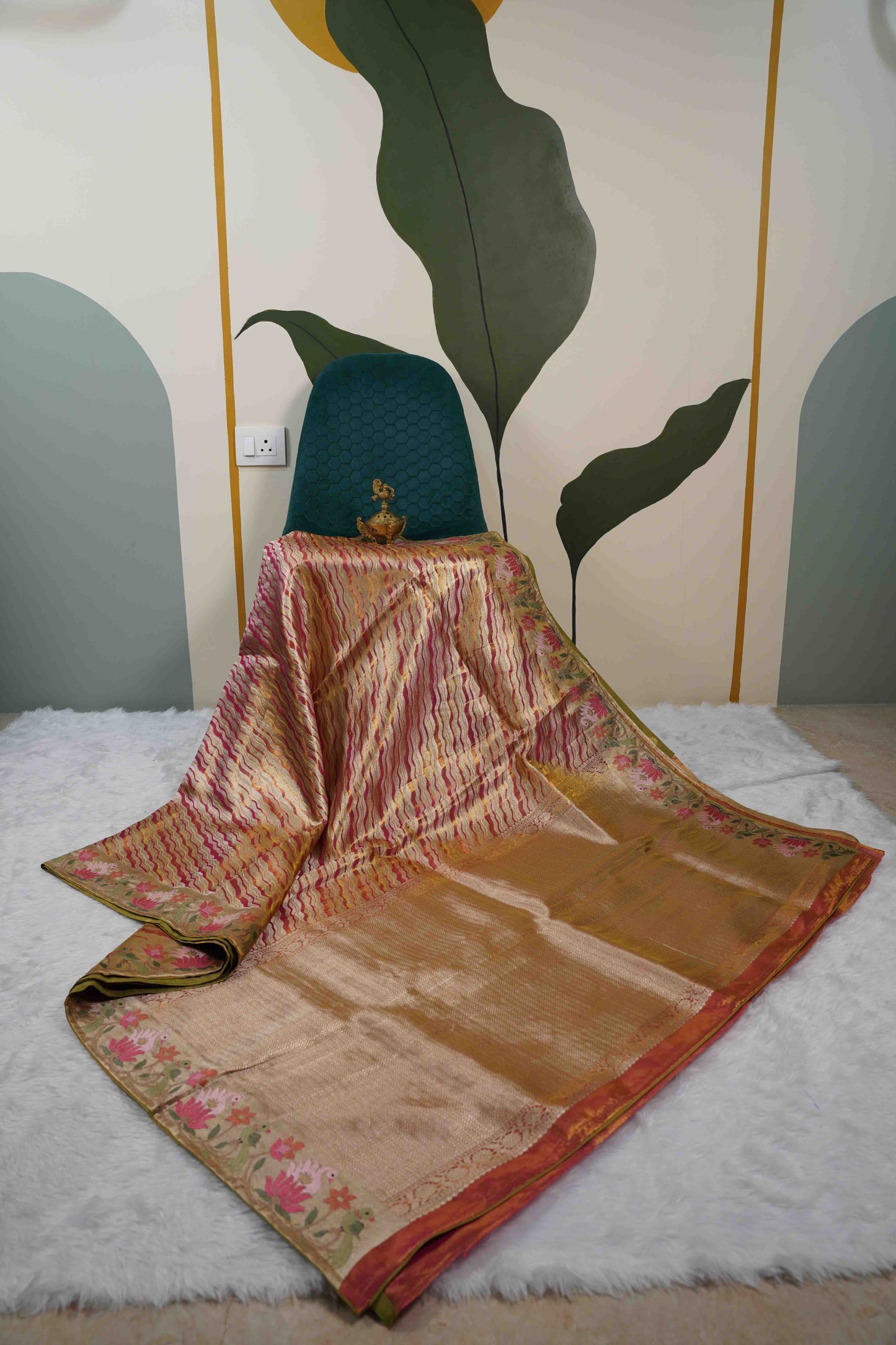 Gold Kanchi Saree with Red & Yellow Lines and Pink Lotus Flowers Petite Border