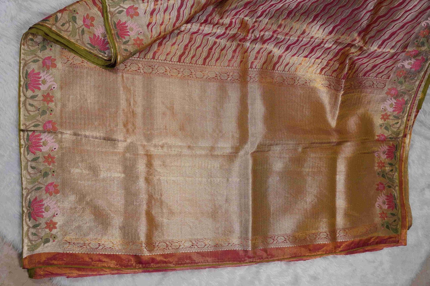 Gold Kanchi Saree with Red & Yellow Lines and Pink Lotus Flowers Petite Border