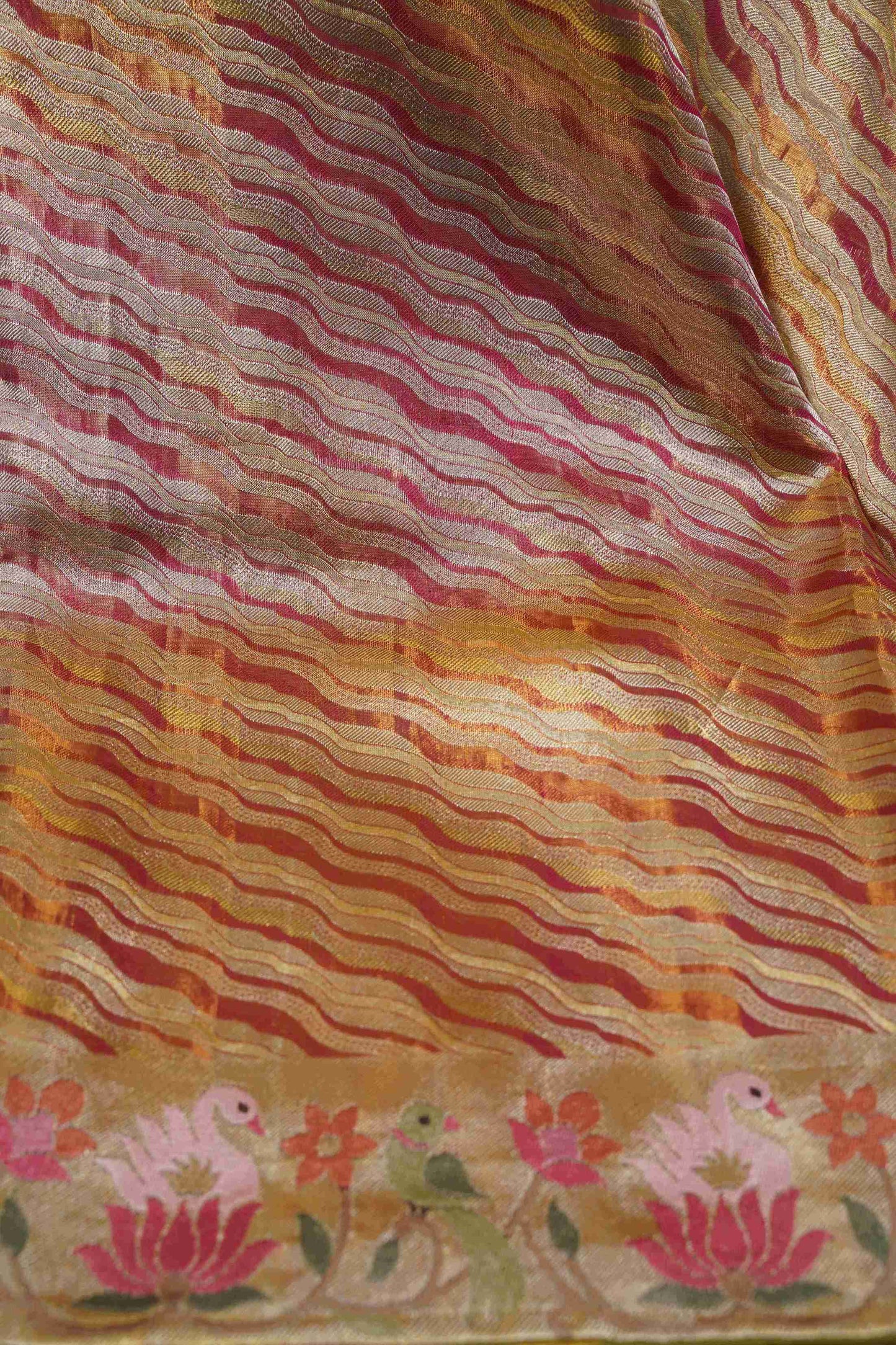 Gold Kanchi Saree with Red & Yellow Lines and Pink Lotus Flowers Petite Border