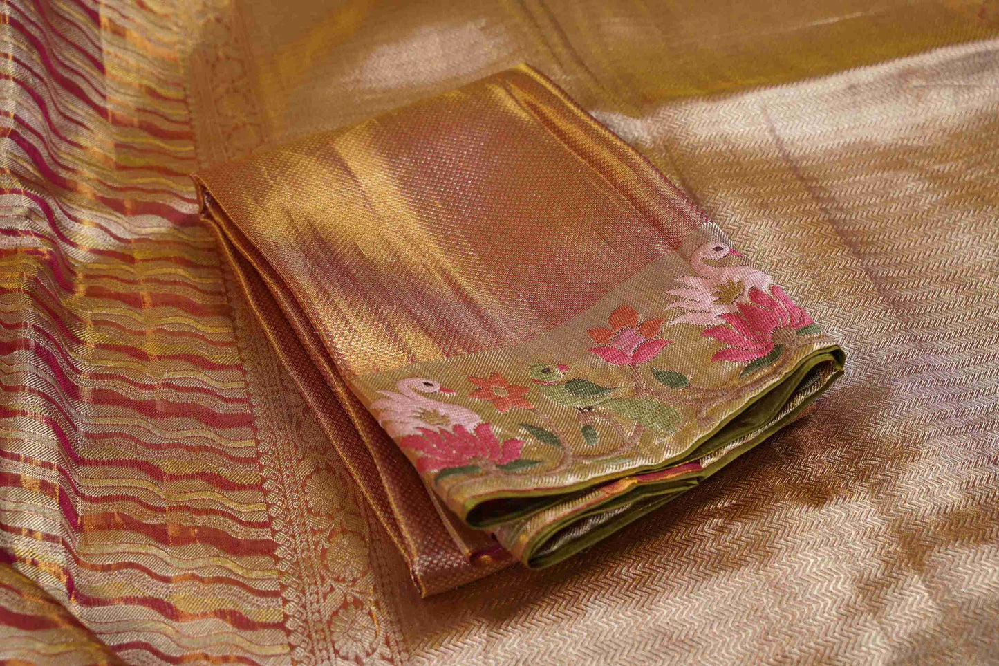 Gold Kanchi Saree with Red & Yellow Lines and Pink Lotus Flowers Petite Border