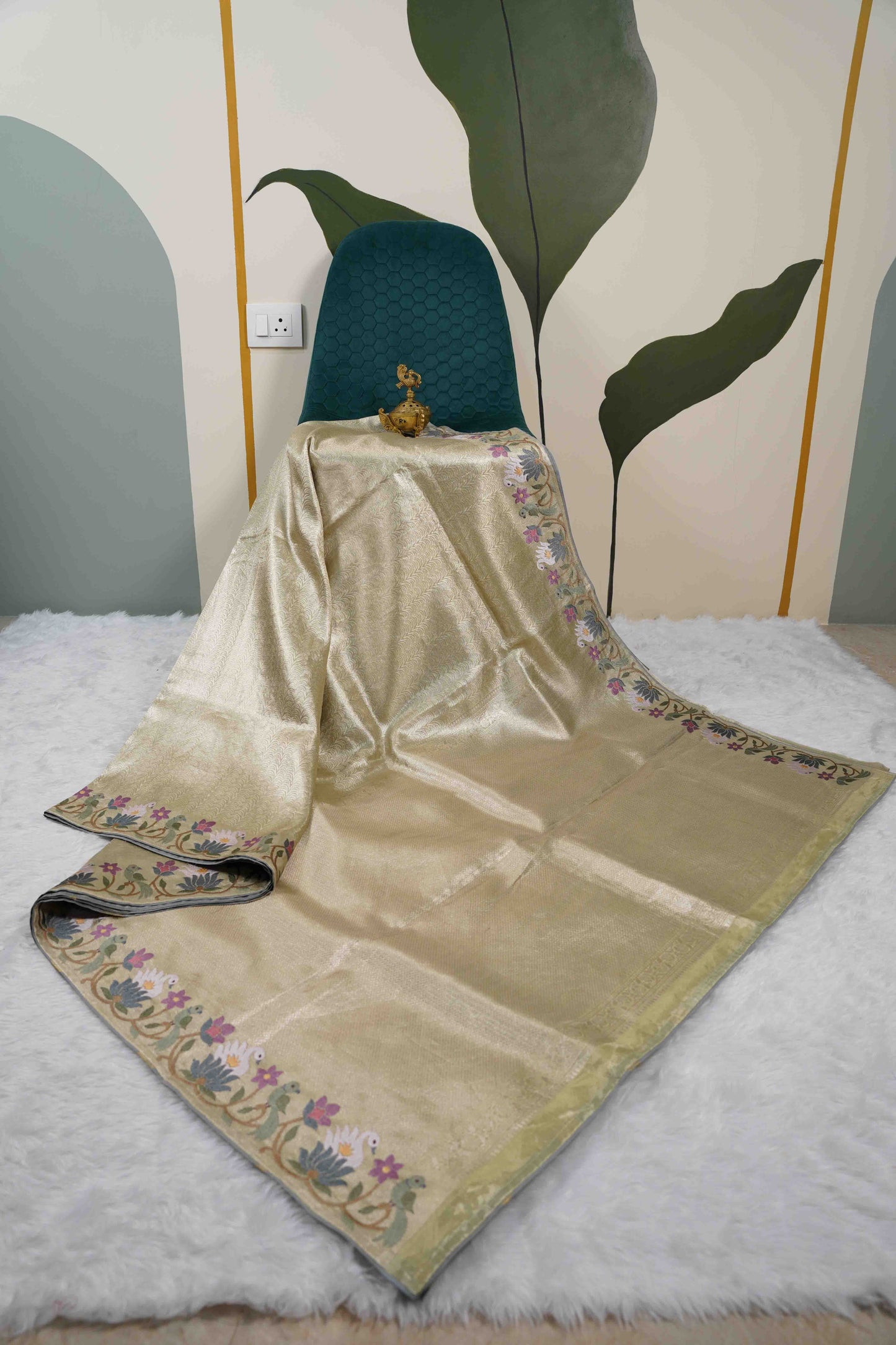 Gold Brocade Tissue Kanchi Saree with Swans & Purple Floral Petite Border