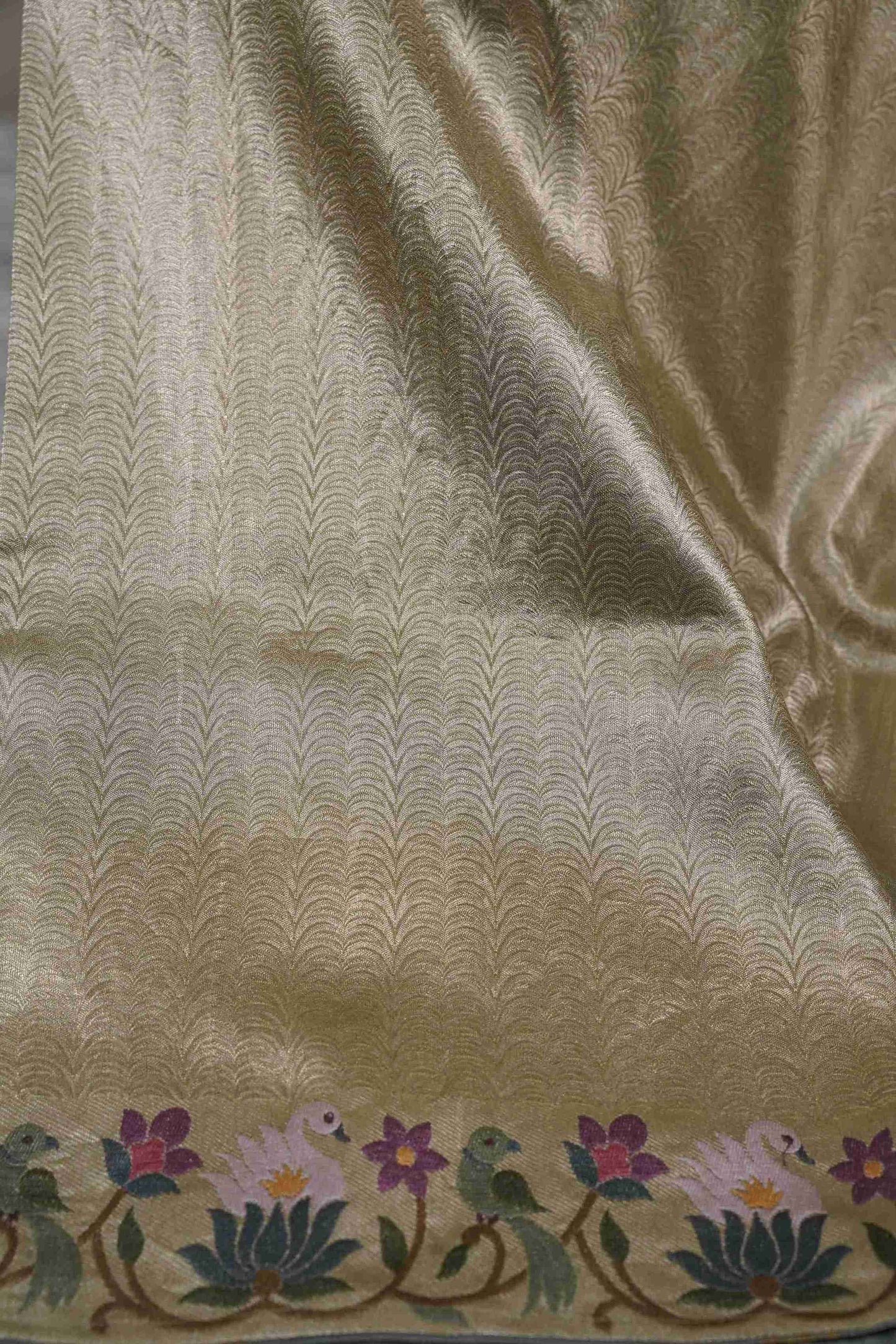 Gold Brocade Tissue Kanchi Saree with Swans & Purple Floral Petite Border