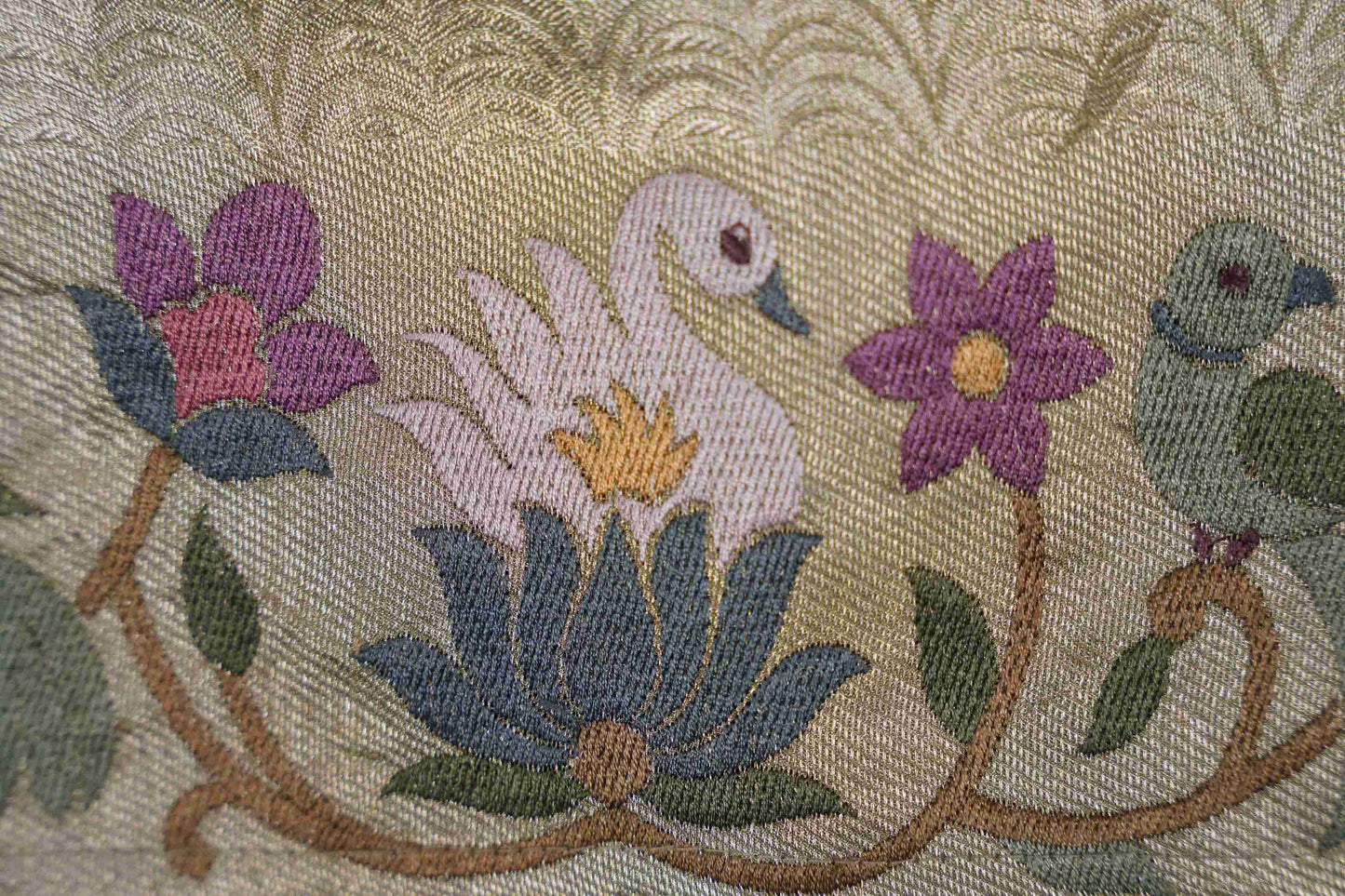 Gold Brocade Tissue Kanchi Saree with Swans & Purple Floral Petite Border