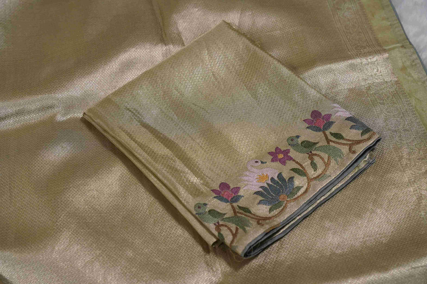 Gold Brocade Tissue Kanchi Saree with Swans & Purple Floral Petite Border