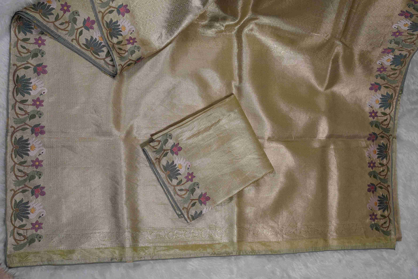 Gold Brocade Tissue Kanchi Saree with Swans & Purple Floral Petite Border