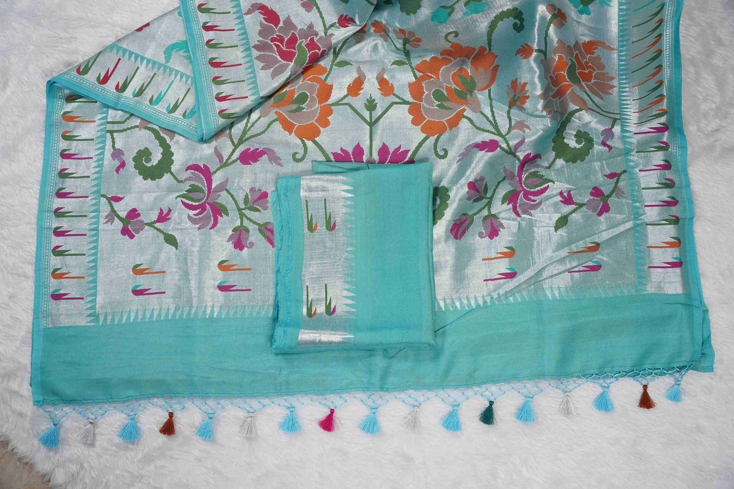 Powder Blue Tissue Saree paithani border