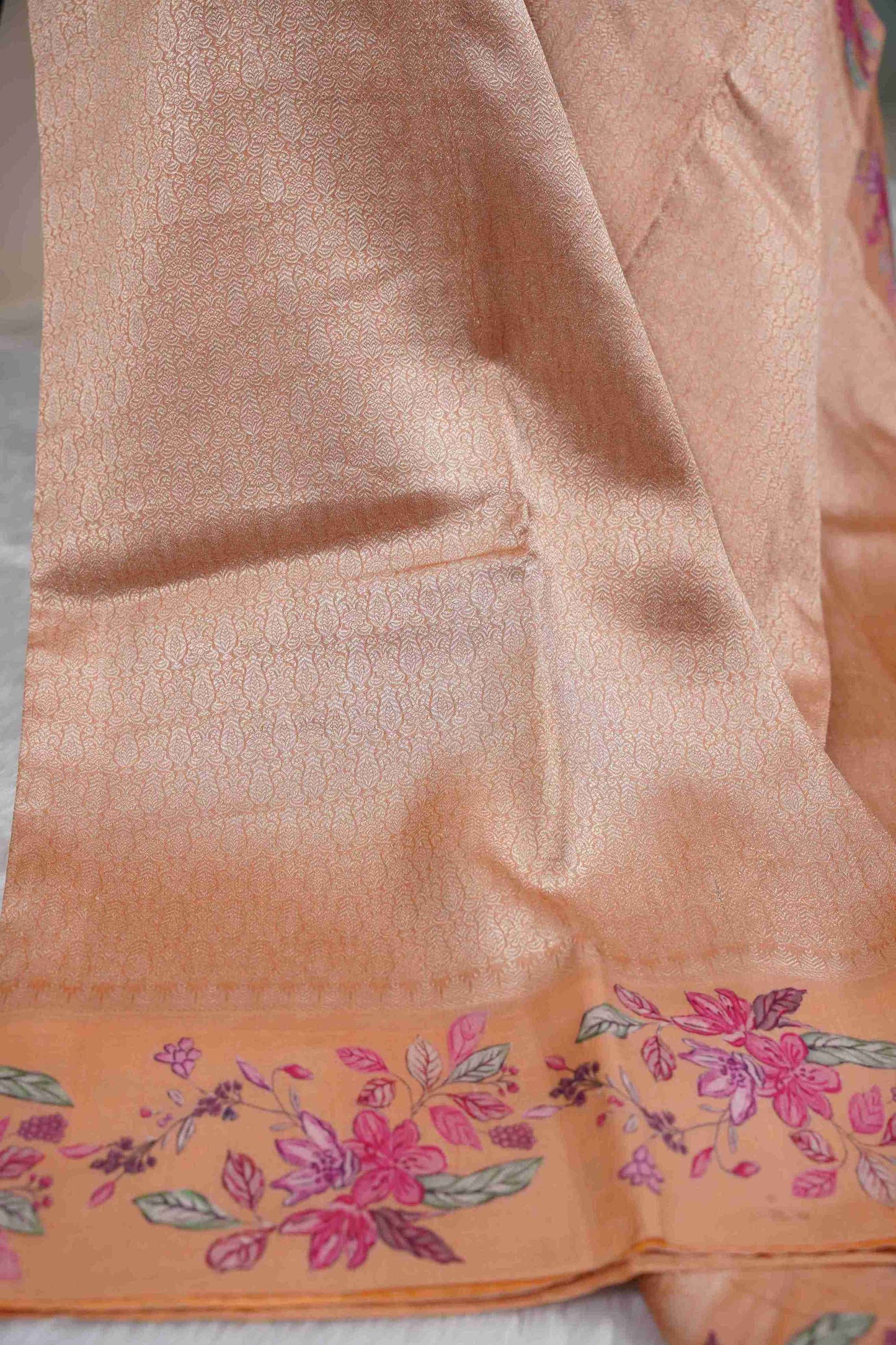 Gold Kanchi Saree with Red & Yellow Lines and Pink Lotus Flowers Petite Border