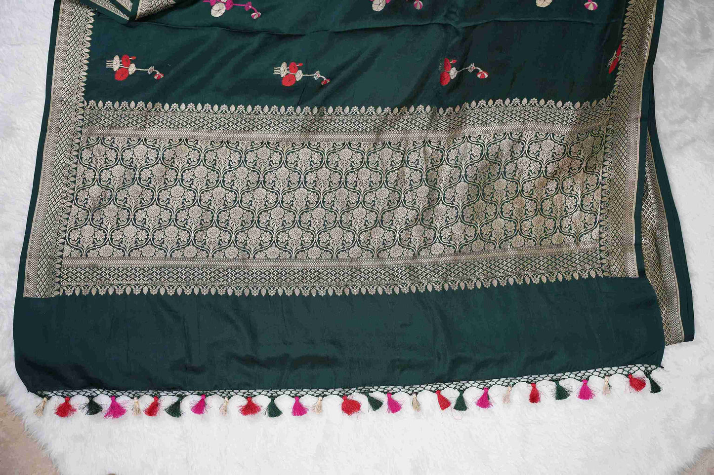 Bottle Green Mashru with red meenakari butti