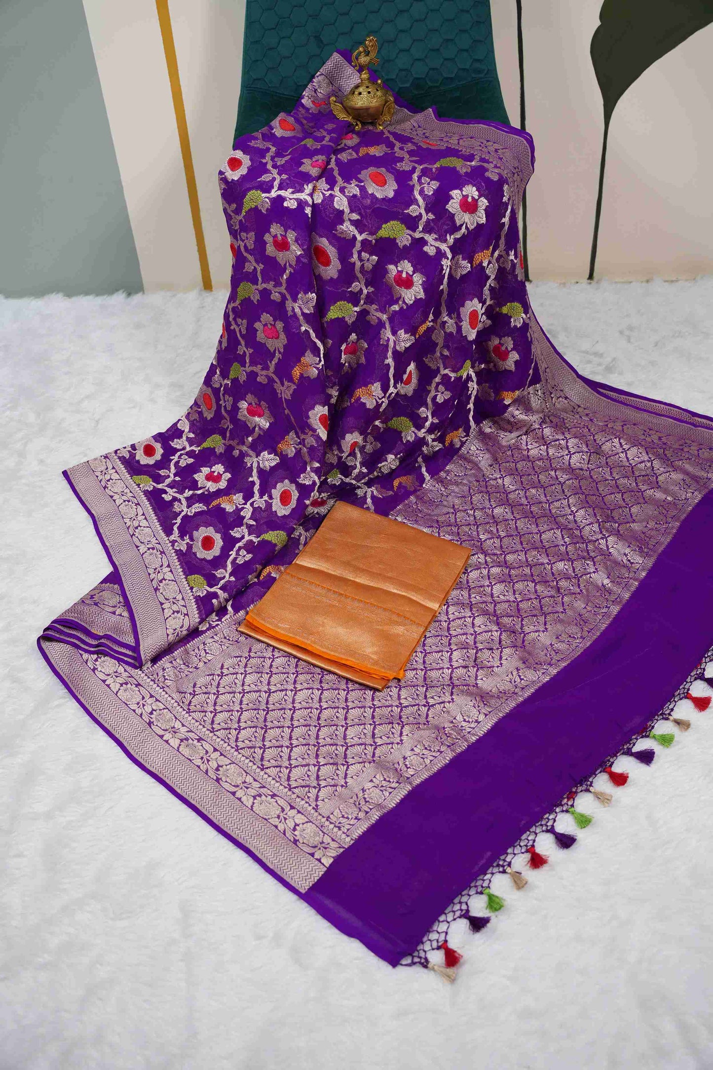 Magenta Katan all over pattern with velvet border