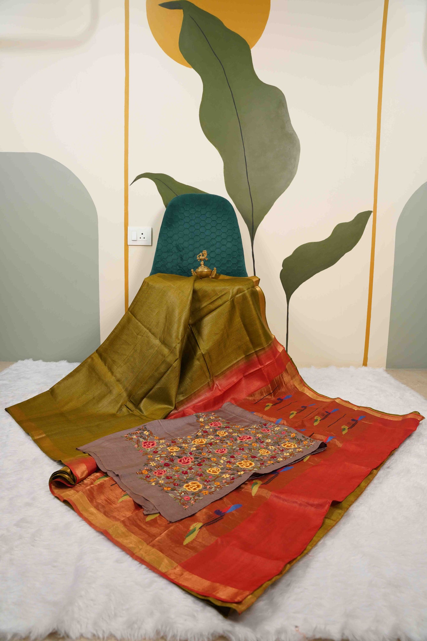 Olive Green Soft Silk with Paithani Patterned Pallu