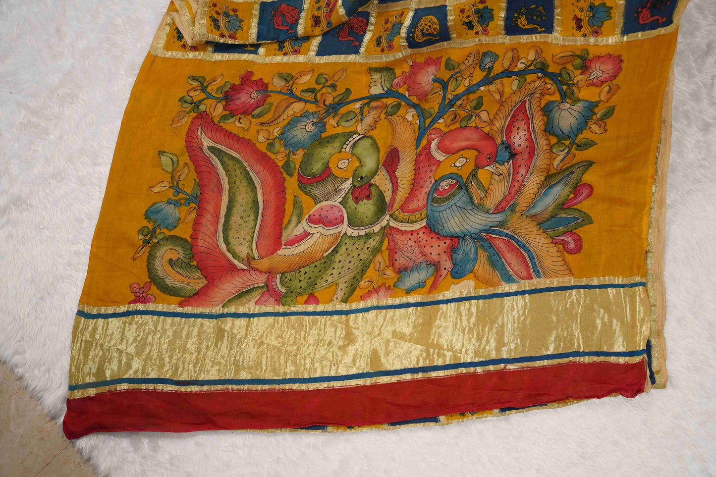 Gajji Silk Kalamkaari with Beige Peacock Pallu