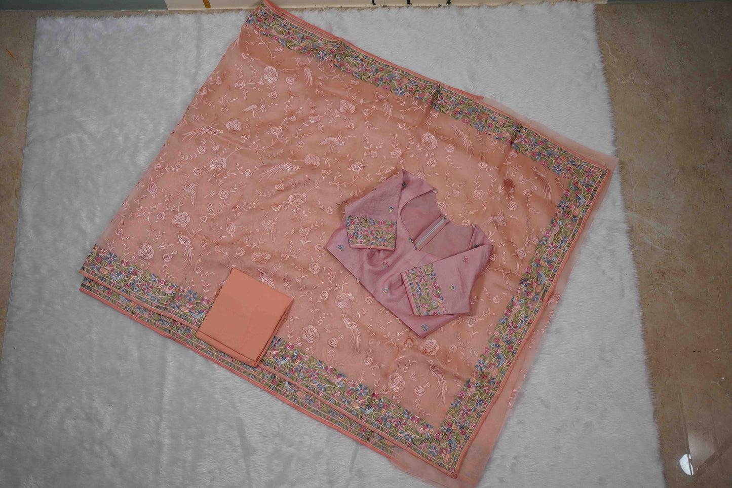 Organza Parsi Gara Peach Saree