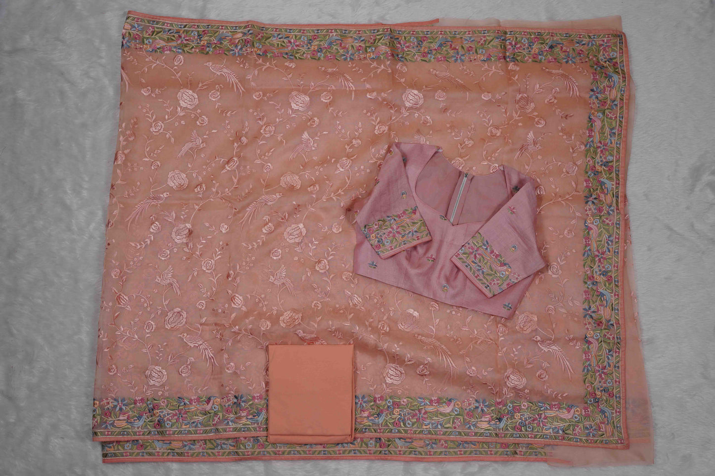 Organza Parsi Gara Peach Saree