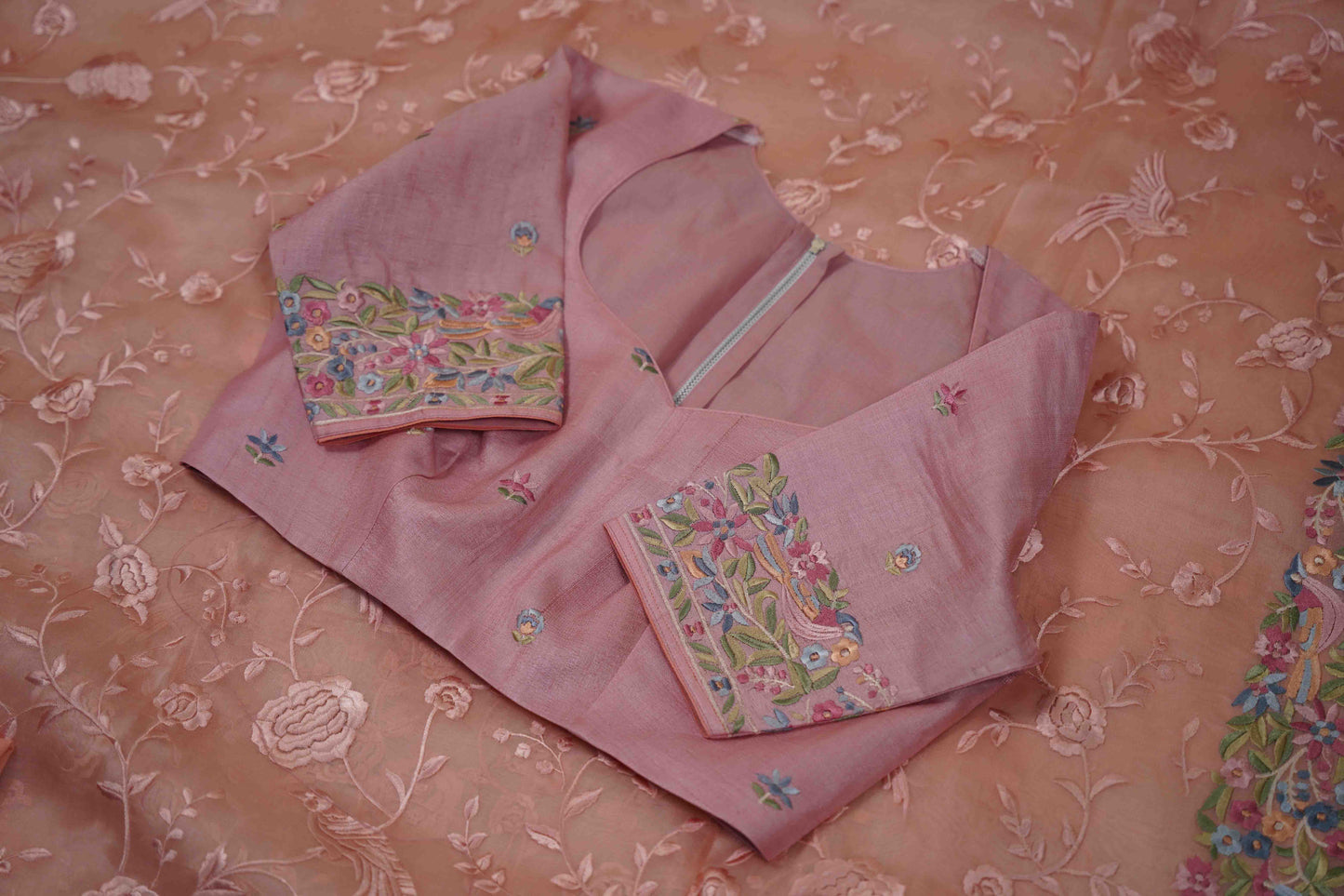 Organza Parsi Gara Peach Saree