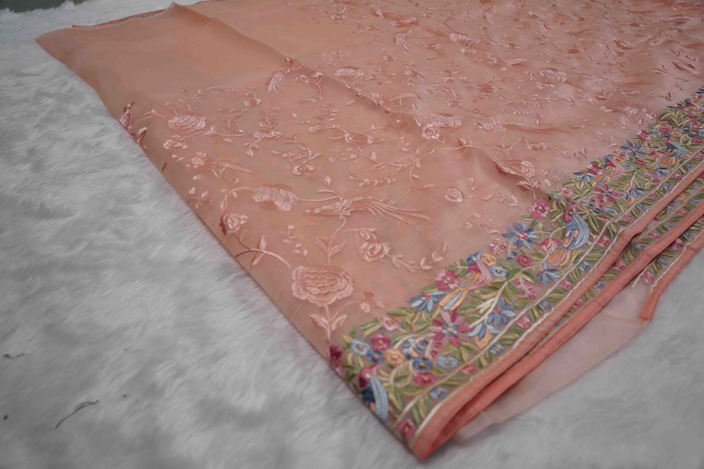 Organza Parsi Gara Peach Saree