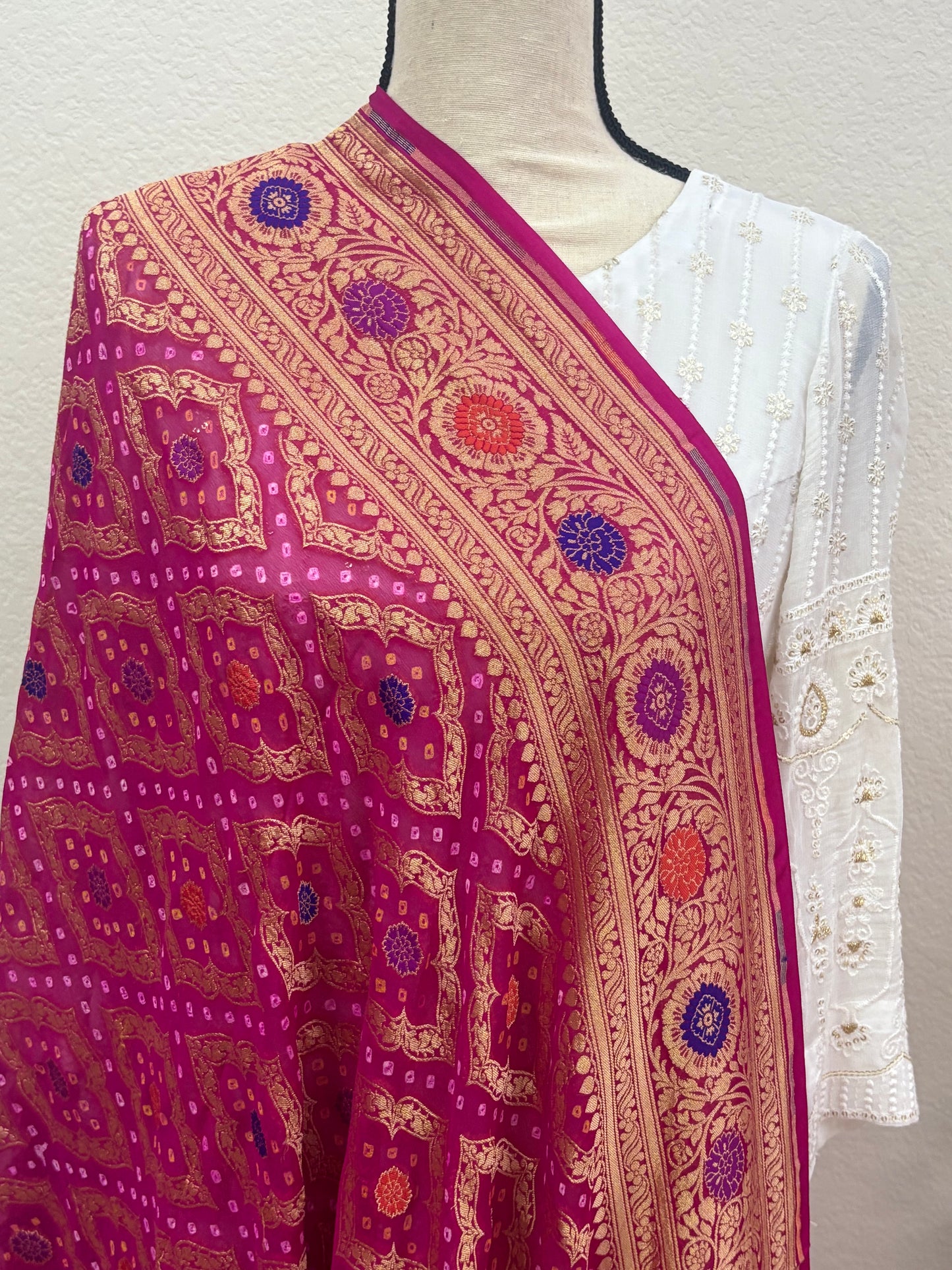 Rani Pink Banarasi Georgette Bandhani Dupatta with Meenakari Work