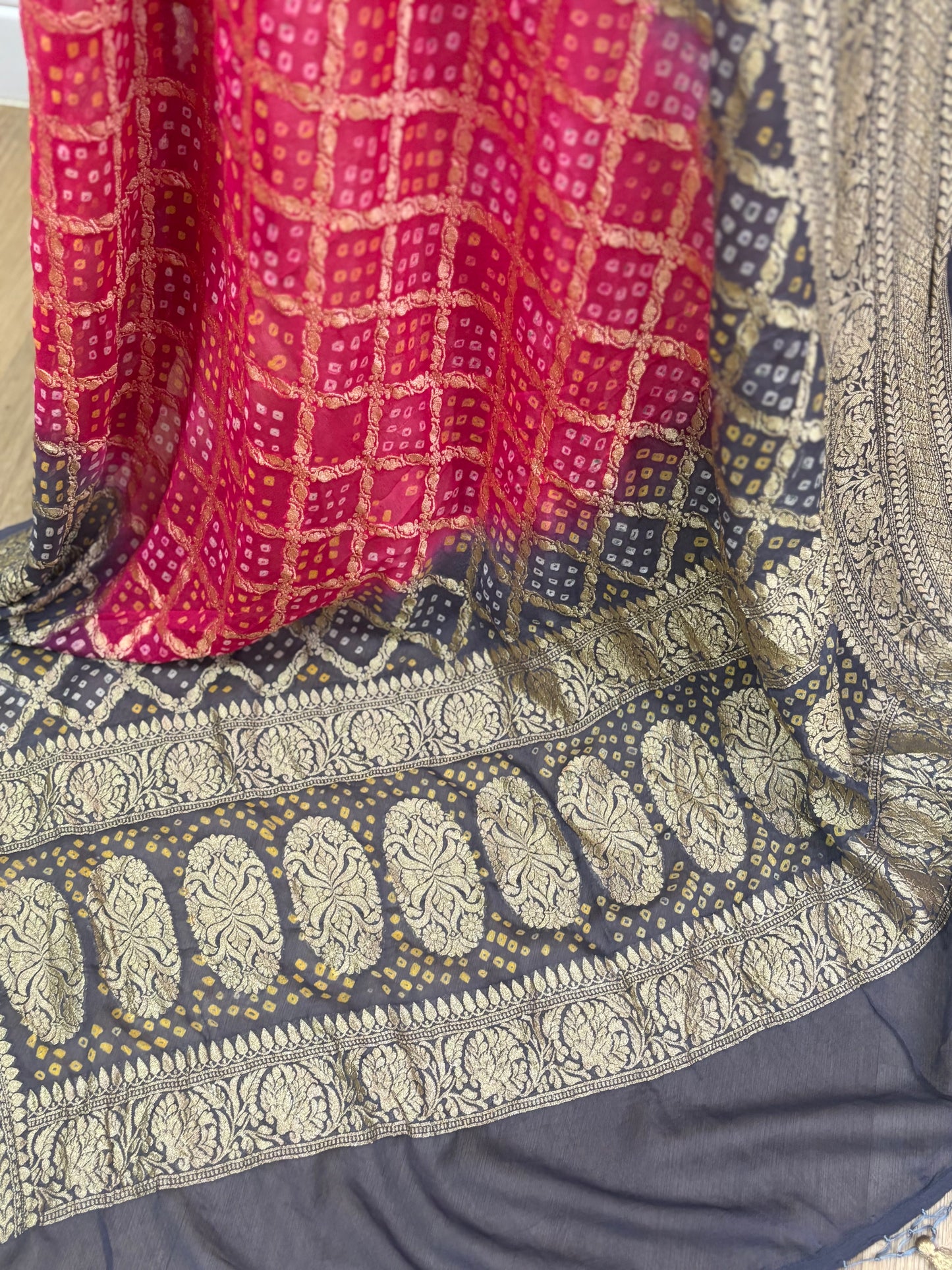 Grey-Pink Ombre Banarasi Georgette Bandhani Dupatta with Meenakari Work