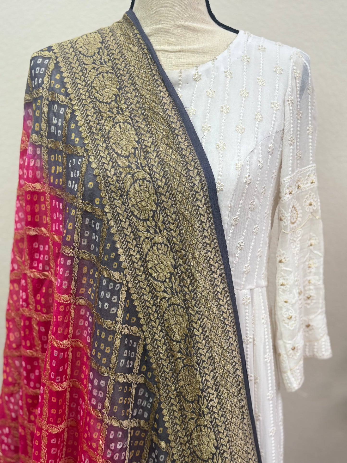 Grey-Pink Ombre Banarasi Georgette Bandhani Dupatta with Meenakari Work