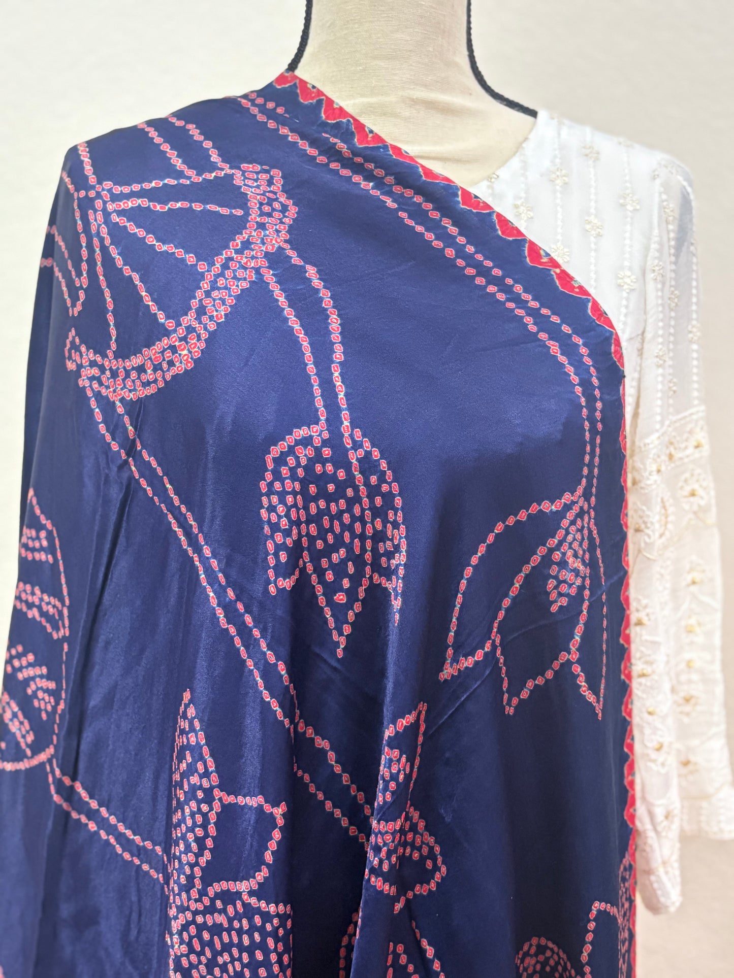 Blue Bandhani Dupatta with Pink Floral Bandhej