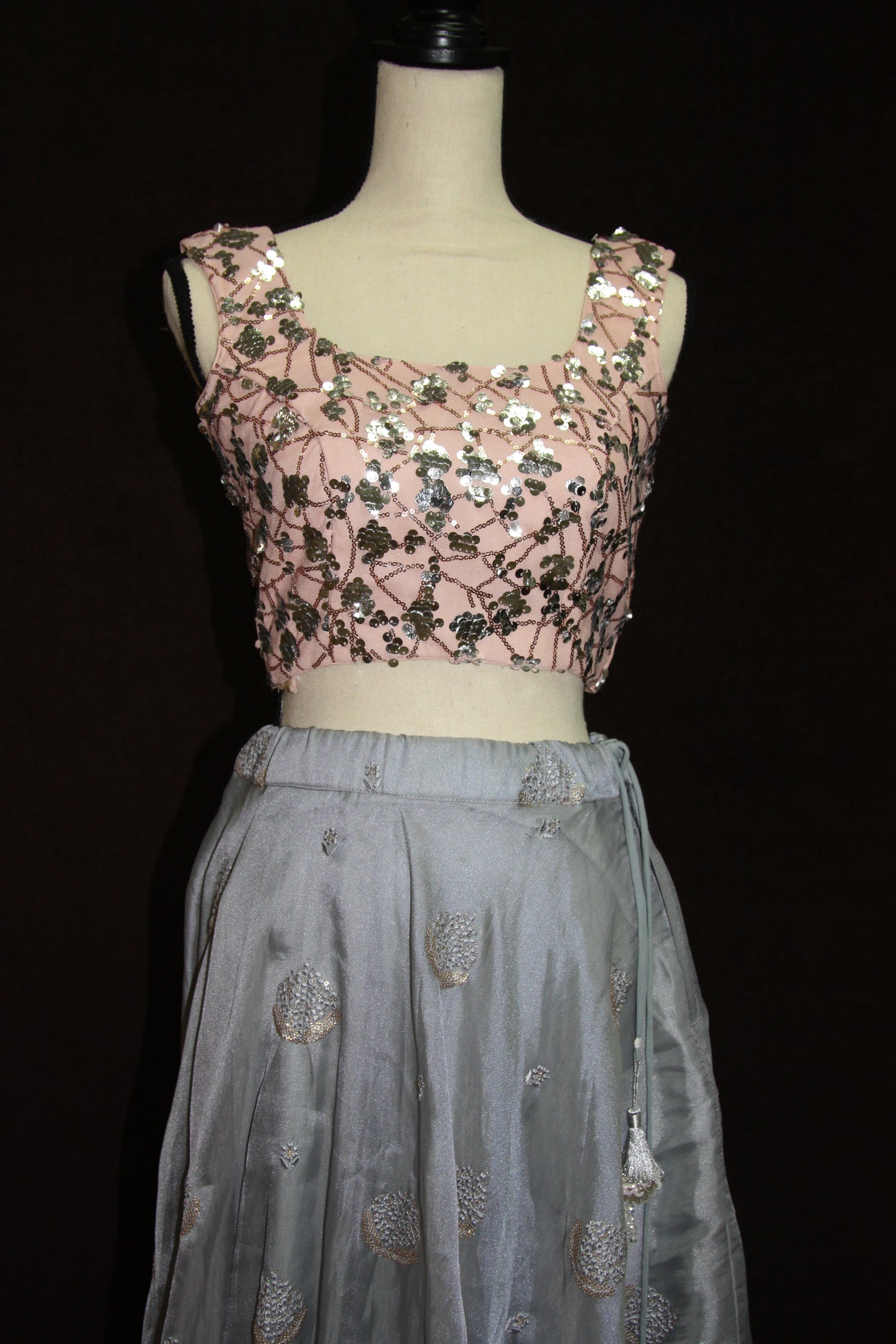 Grey Organza Lehenga with Self Thread Work Butti & Peach Sequin Blouse