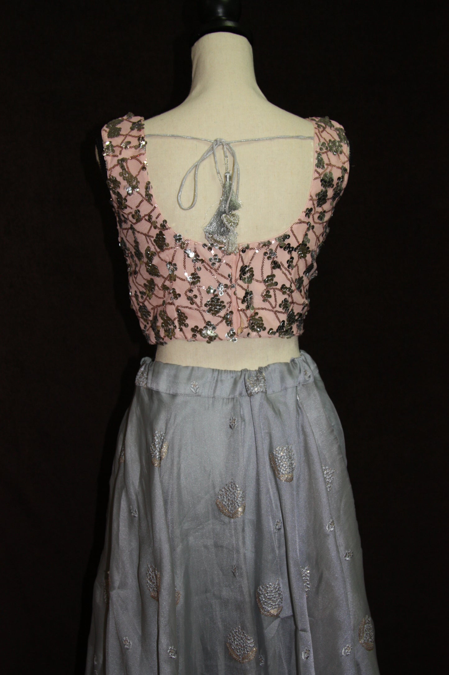 Grey Organza Lehenga with Self Thread Work Butti & Peach Sequin Blouse