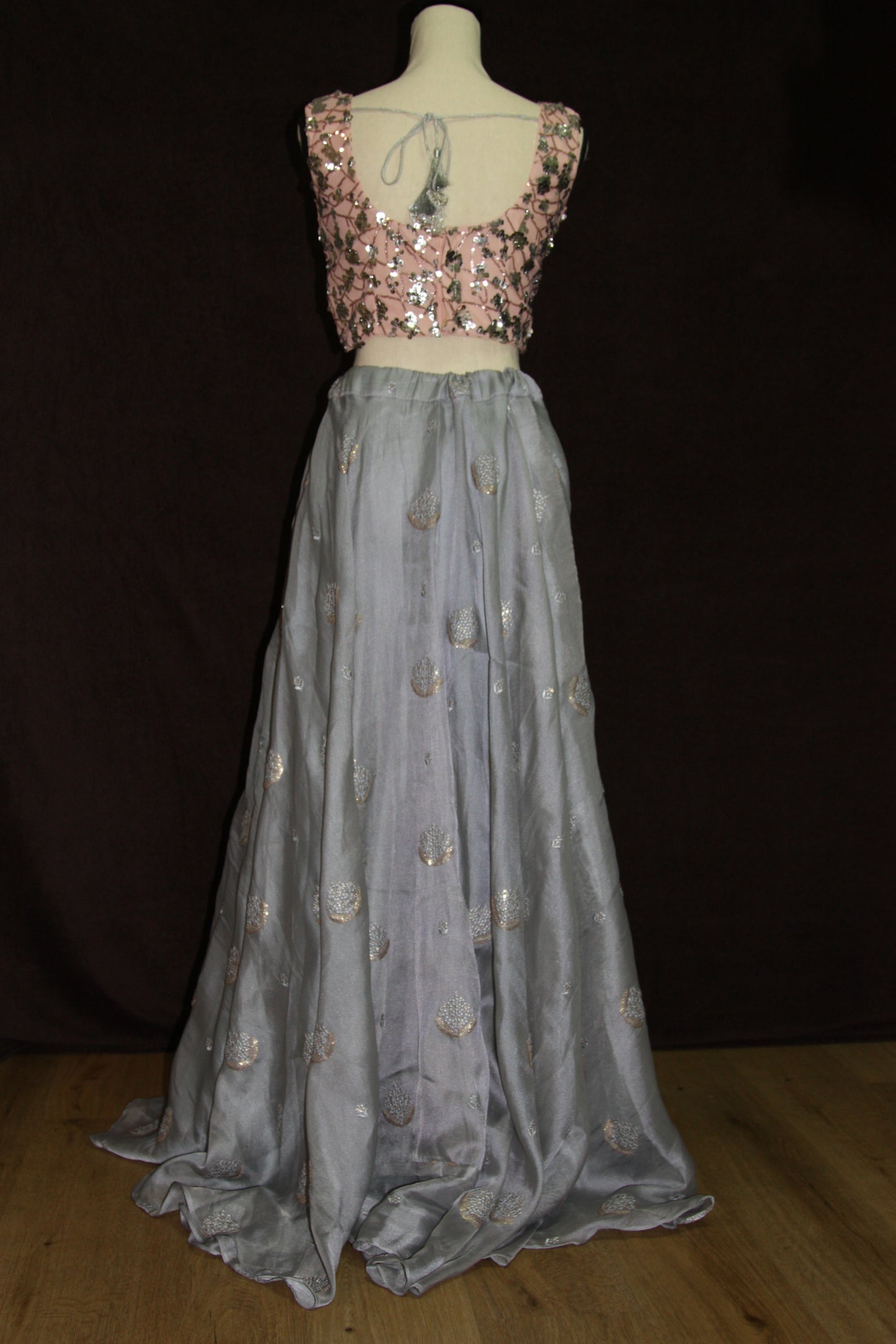 Grey Organza Lehenga with Self Thread Work Butti & Peach Sequin Blouse