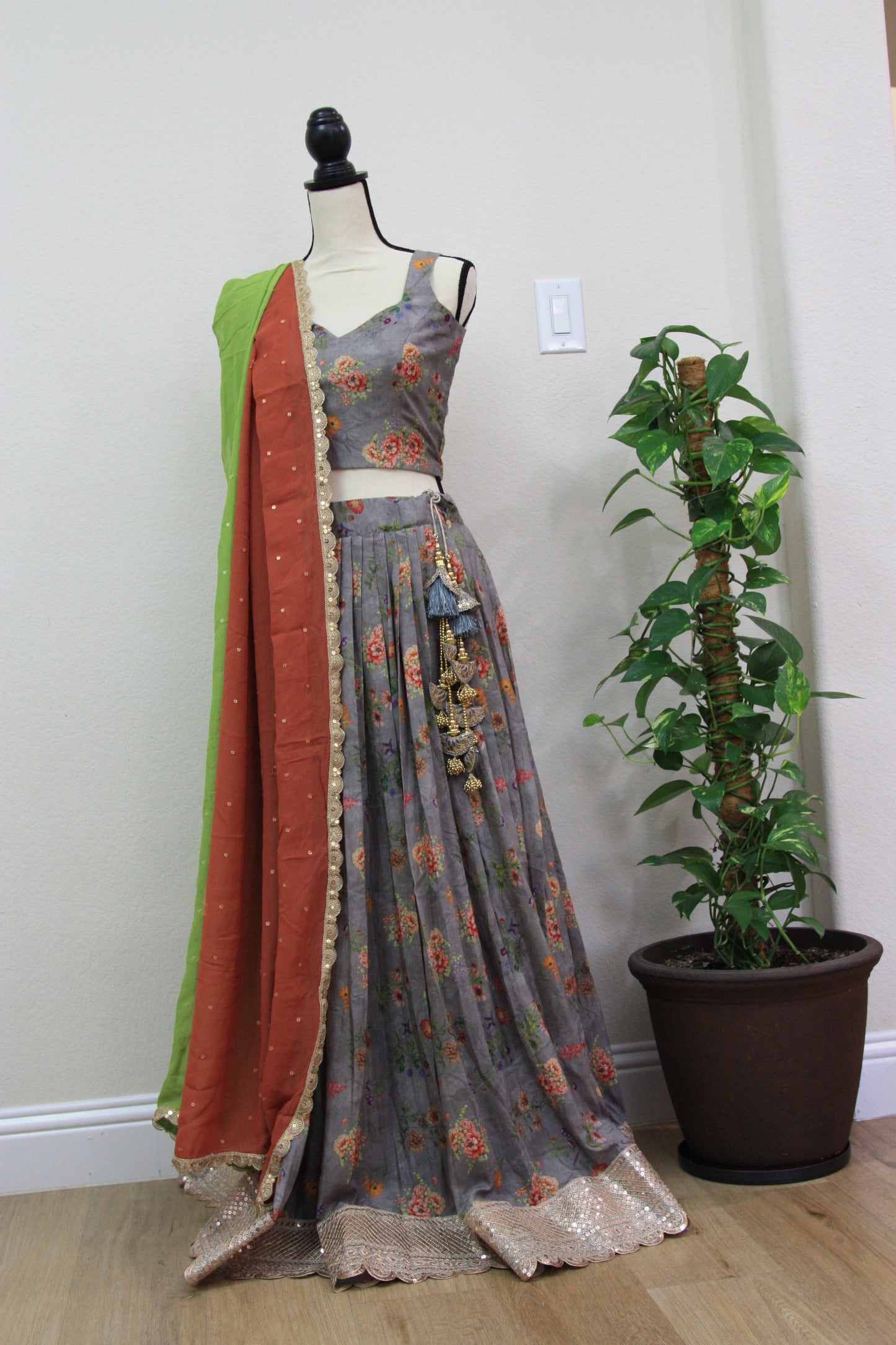 Grey Floral Printed Lehenga with Green Dupatta