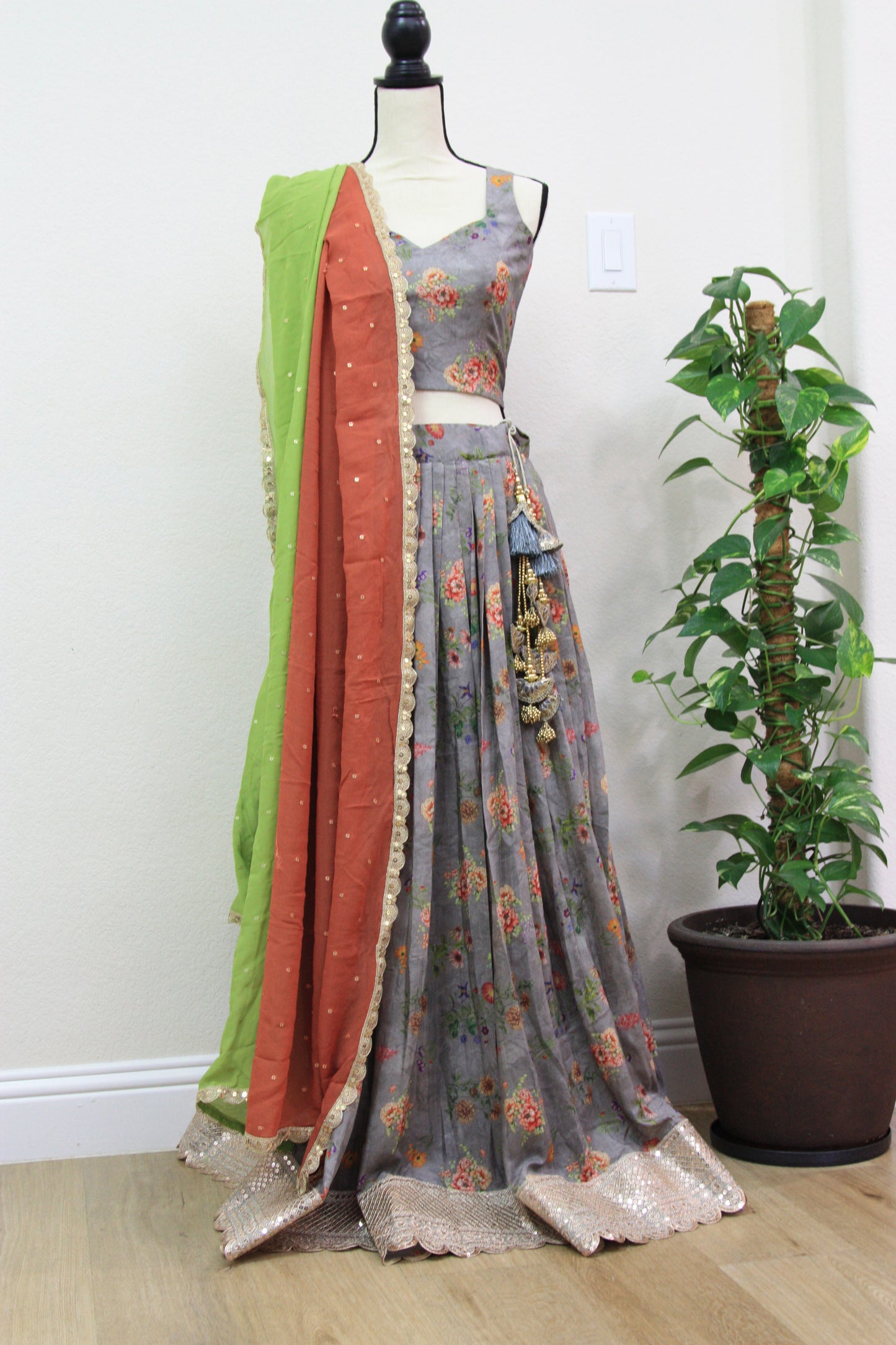 Grey Floral Printed Lehenga with Green Dupatta